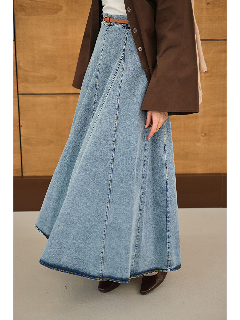 Kadın Dikiş Detay Yandan Fermuarlı Jean Etek Buz Mavi-1