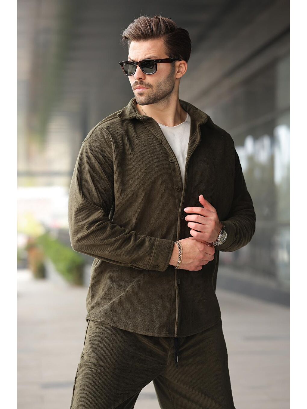 Haki Kadife Erkek Gömlek Pantolon Takım E7334-1