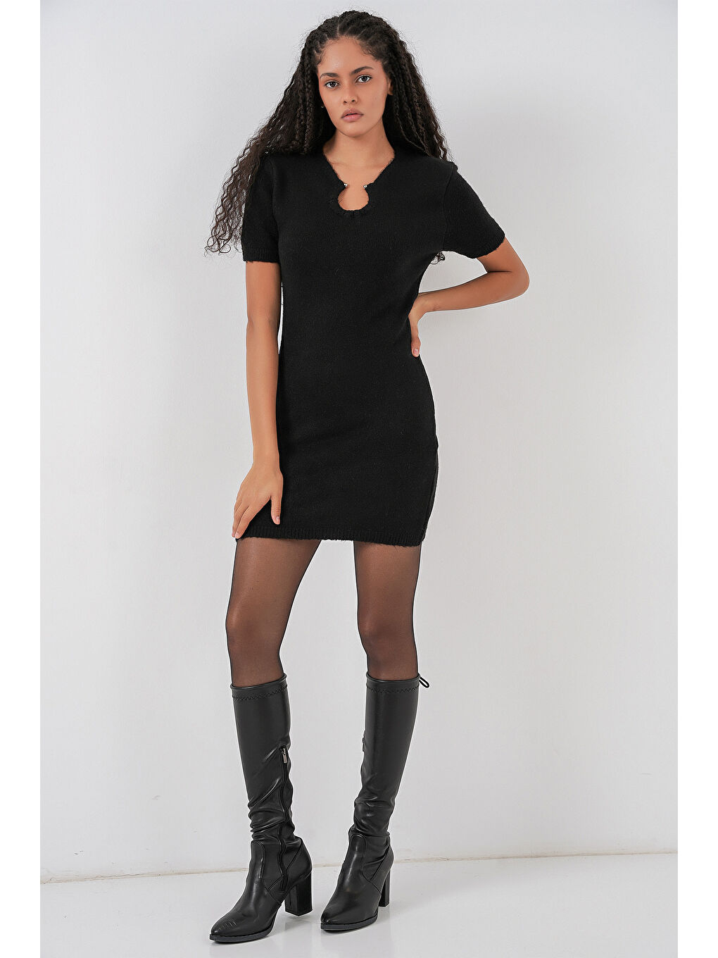 Kadın Kolye Detaylı Triko Elbise 15989 - Siyah-1