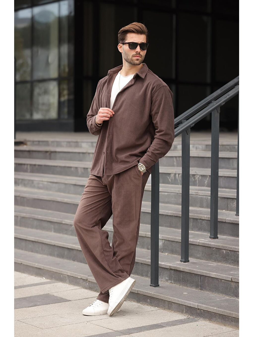 Acı Kahverengi Kadife Erkek Gömlek Pantolon Takım E7334-3