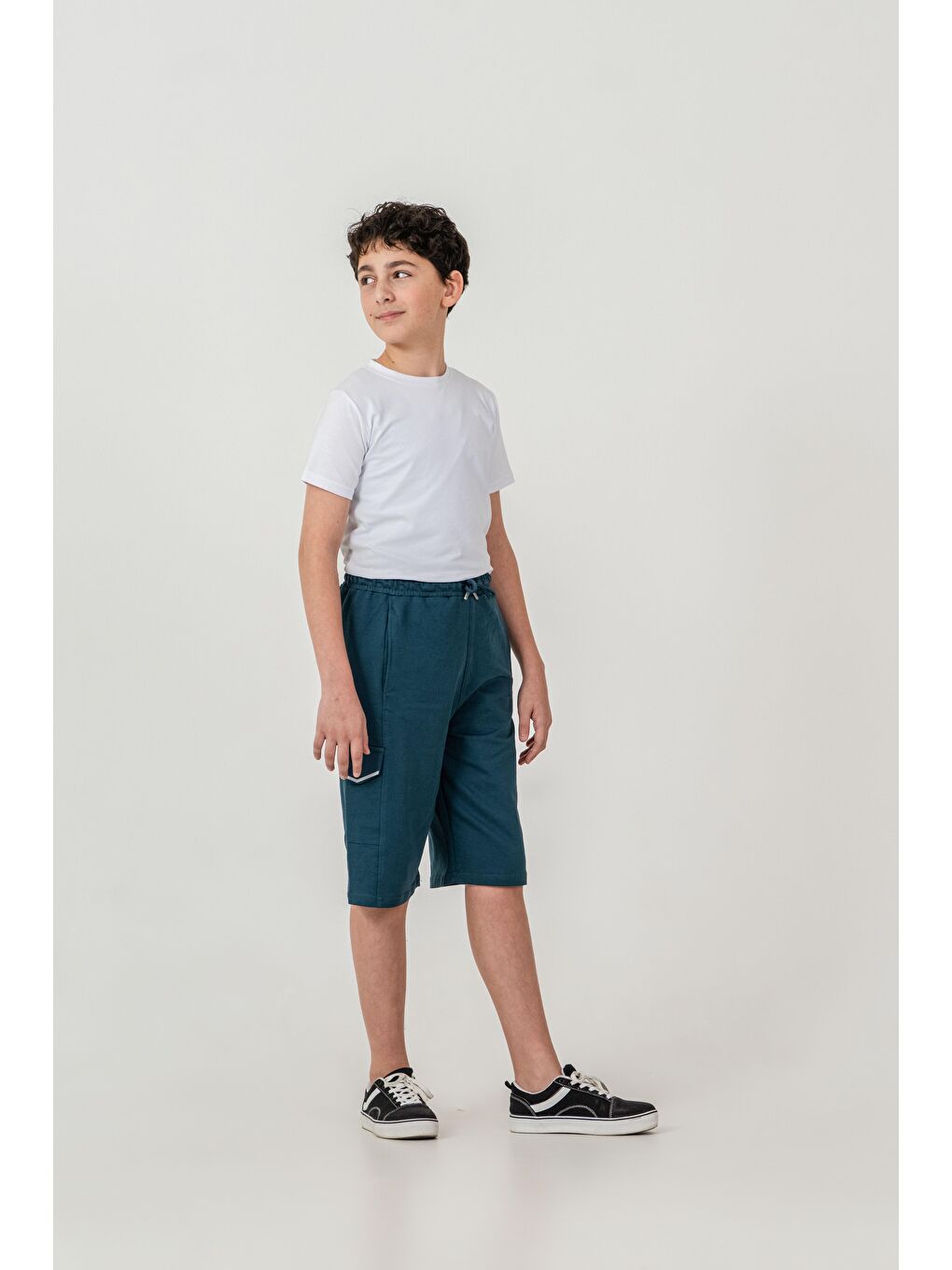 Yeşil Çift Kargo Cepli Cep Kapakları Reflektör Baskılı Erkek Çocuk Şort-1