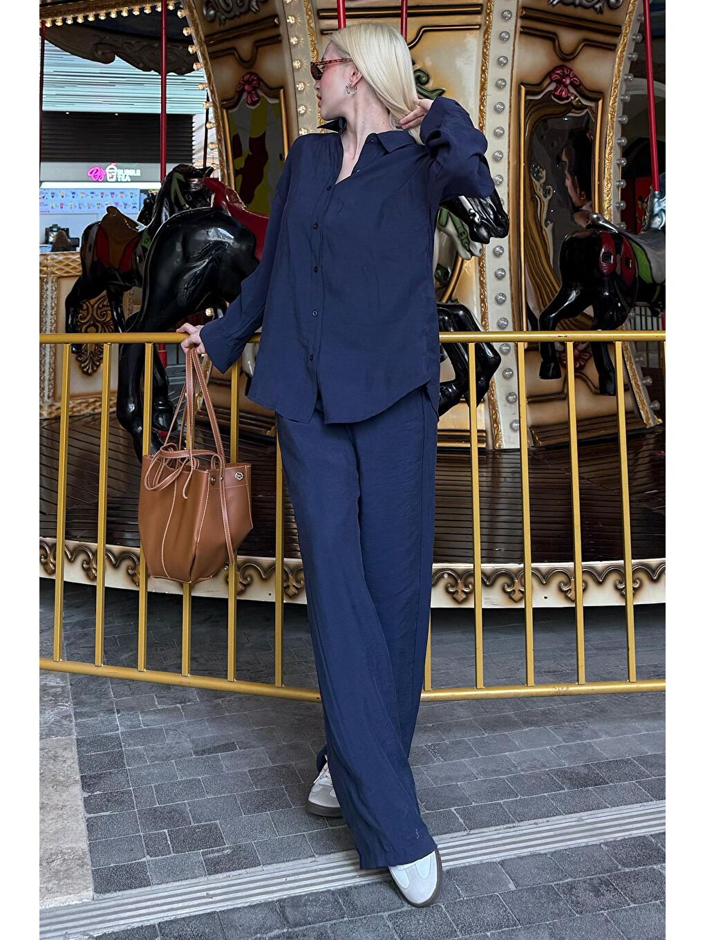 Lacivert Basic Kadın Gömlek Pantolon İkili Takım Mg2352