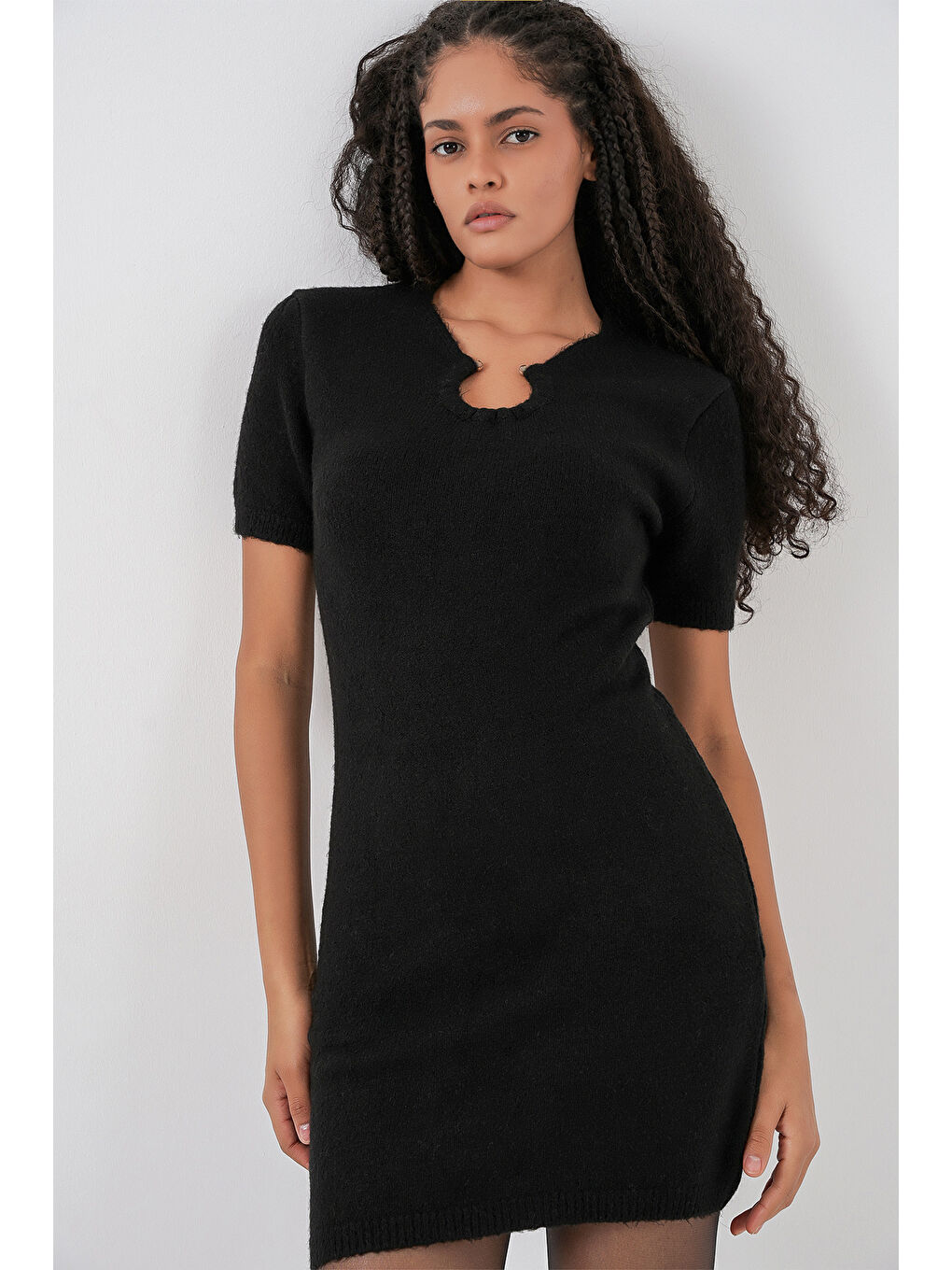 Kadın Kolye Detaylı Triko Elbise 15989 - Siyah-2