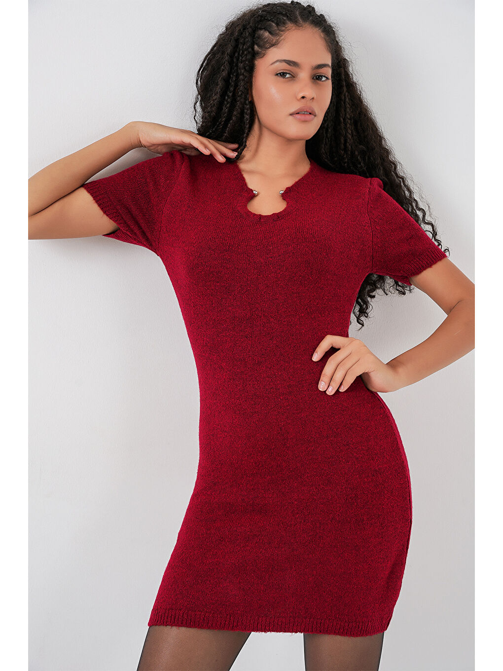 Kadın Kolye Detaylı Triko Elbise 15989 - Bordo-2