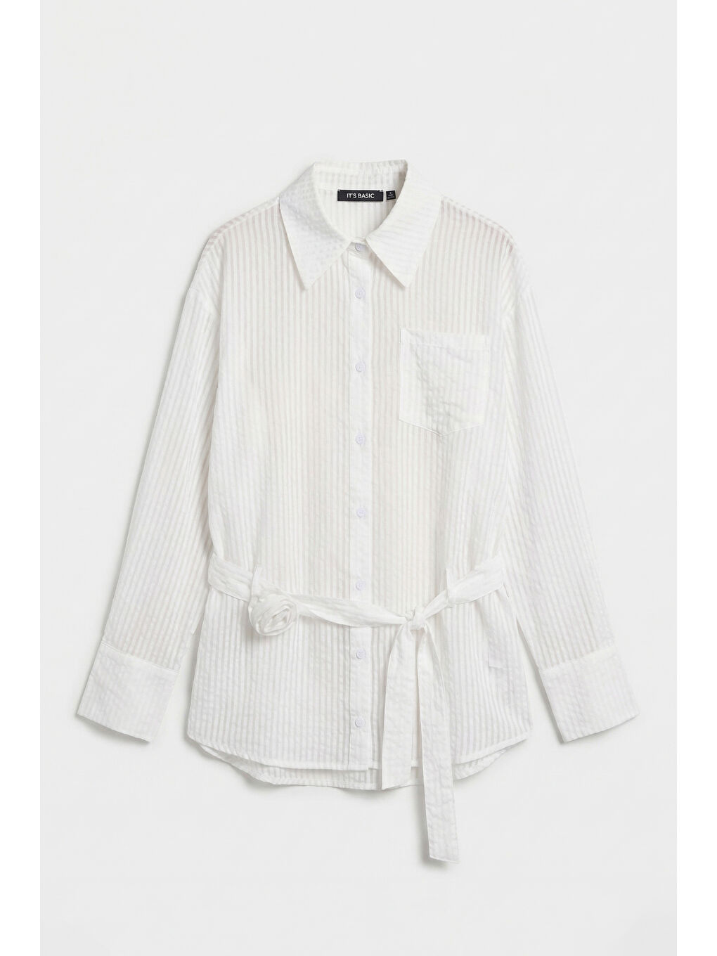 Kadın Beyaz w5 Oversize Kemer Detaylı Özel Kumaş Tasarım Gömlek-3