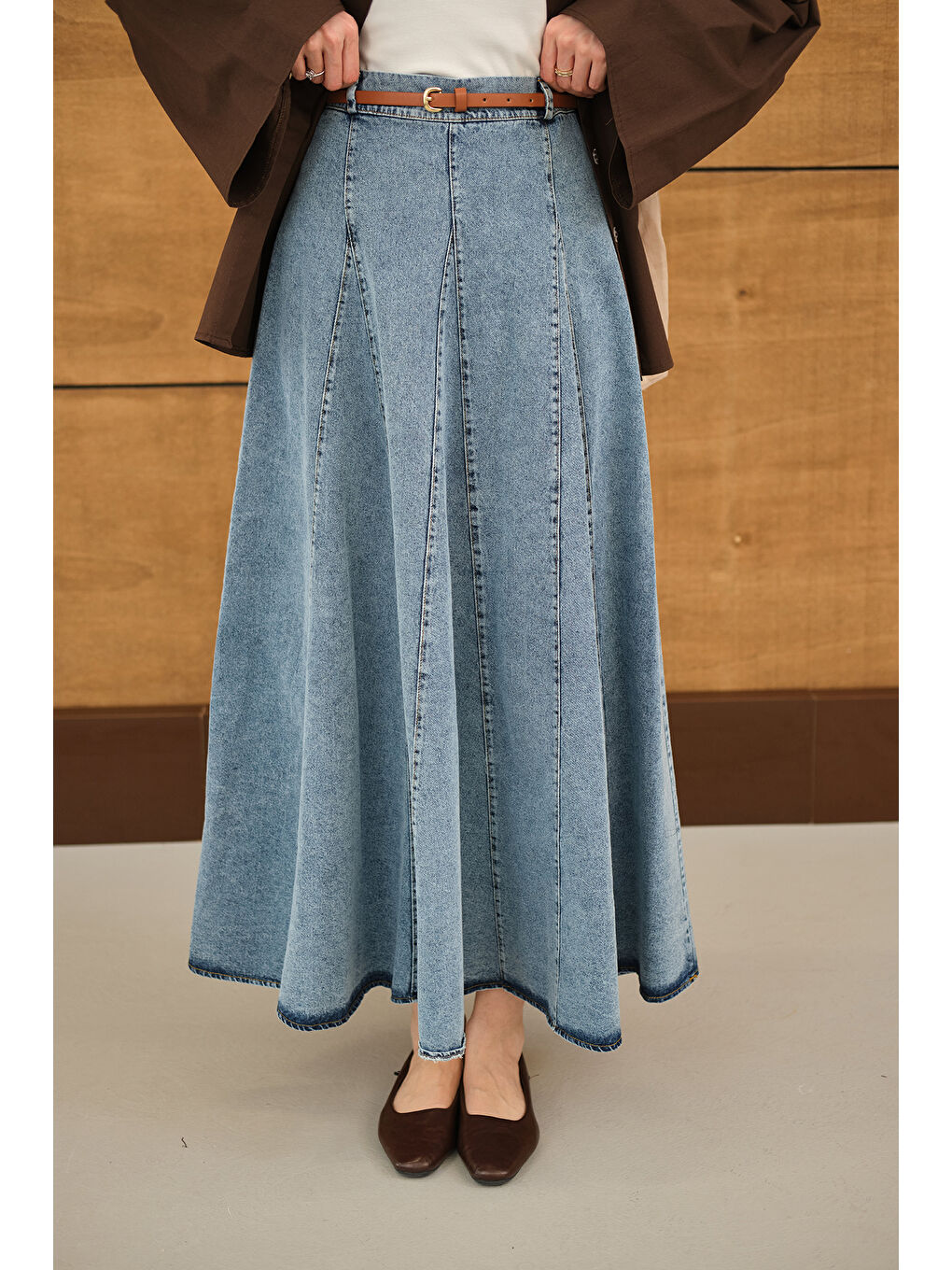 Kadın Dikiş Detay Yandan Fermuarlı Jean Etek Buz Mavi-2