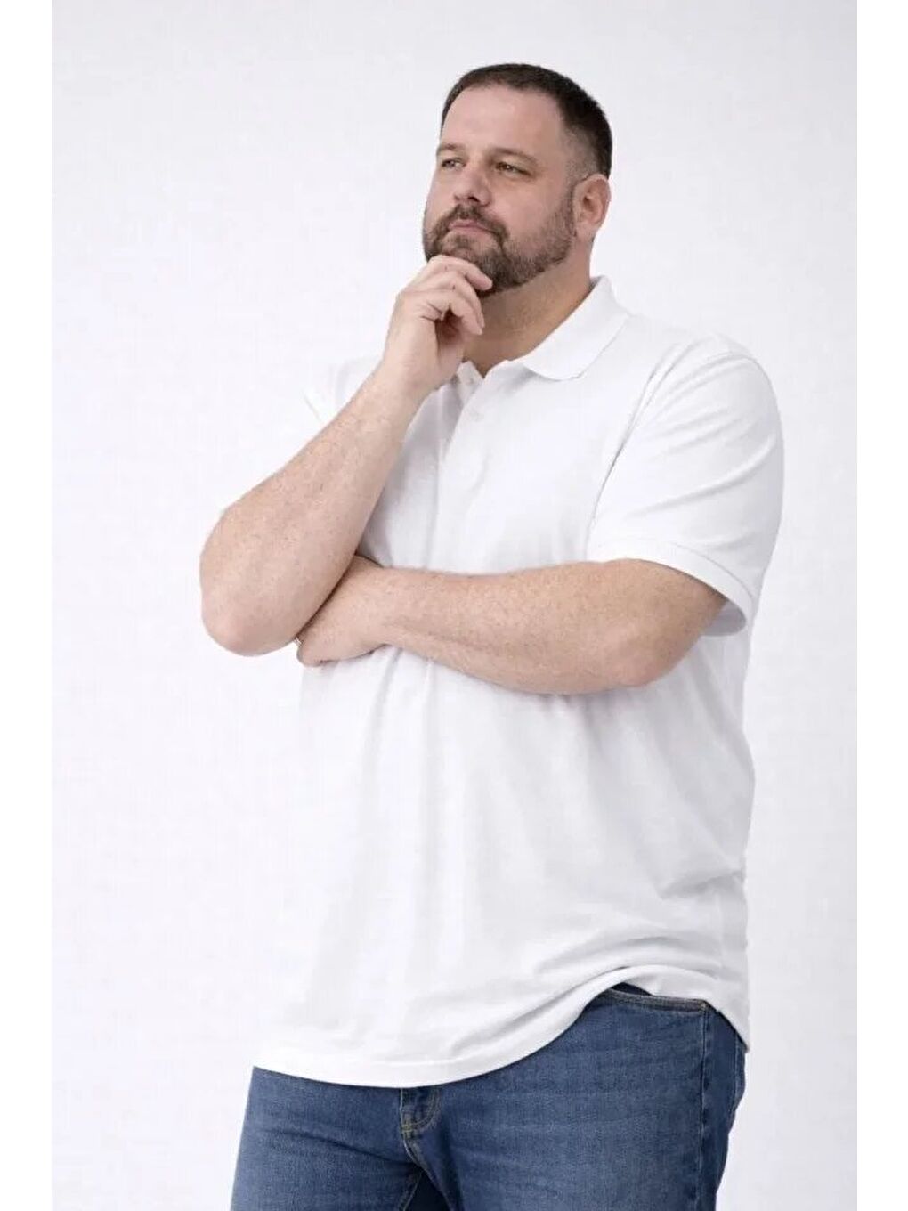 Erkek Pike Kumaş Düğmeli Yaka Battal Büyük Beden Günlük Kısa Kol Tişört T-shirt - Beyaz