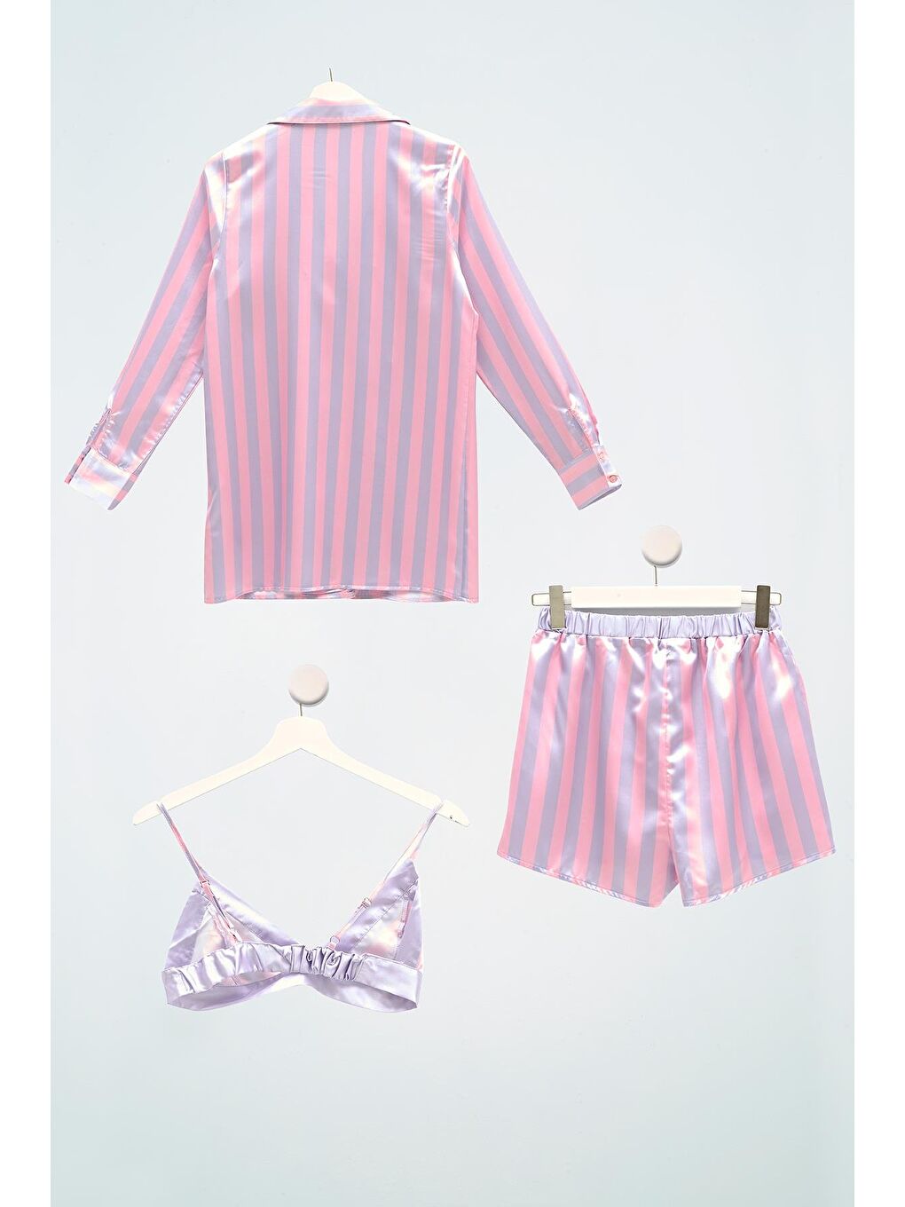 3'Lü Bustiyerli Çizgili Lila Pijama Şort Takım-2