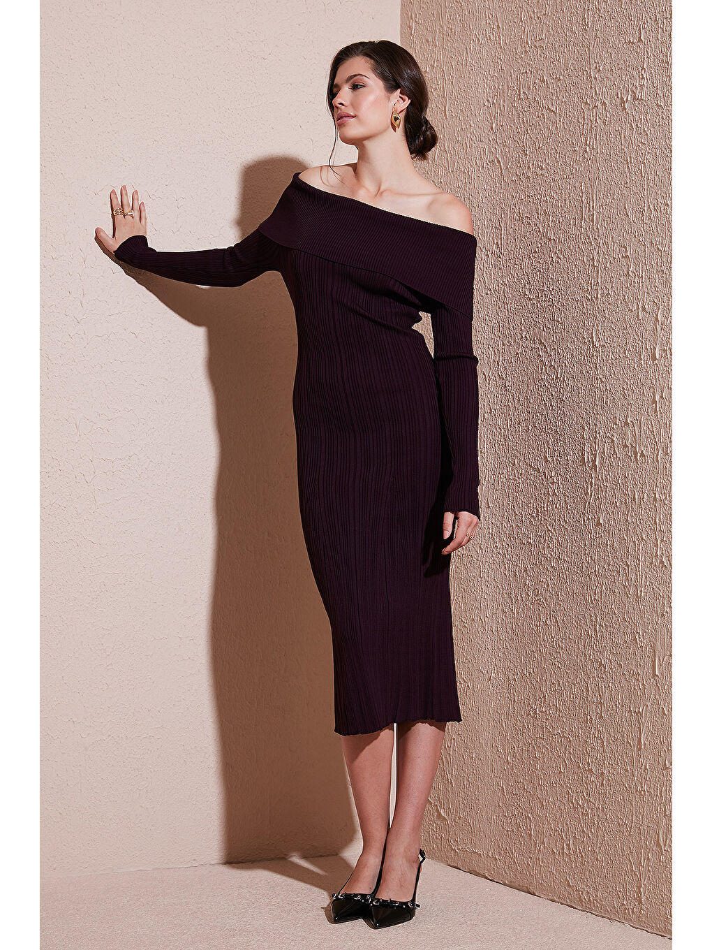 Mürdüm Premium Fitilli Carmen Yaka Slim Fit Midi Boy Triko Elbise 680EL00033