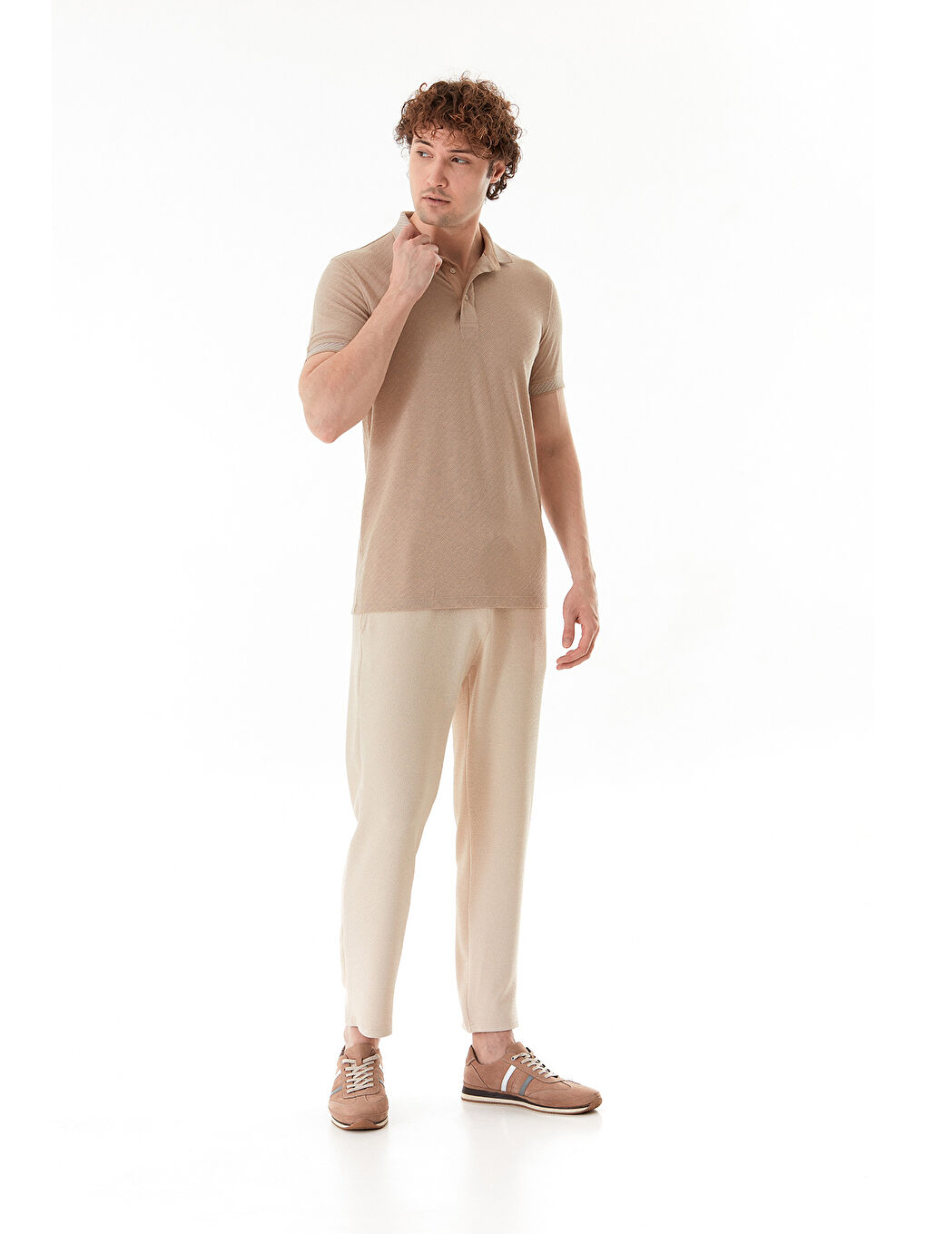 Bej Desenli Slim Fit Polo Yaka Tişört-2