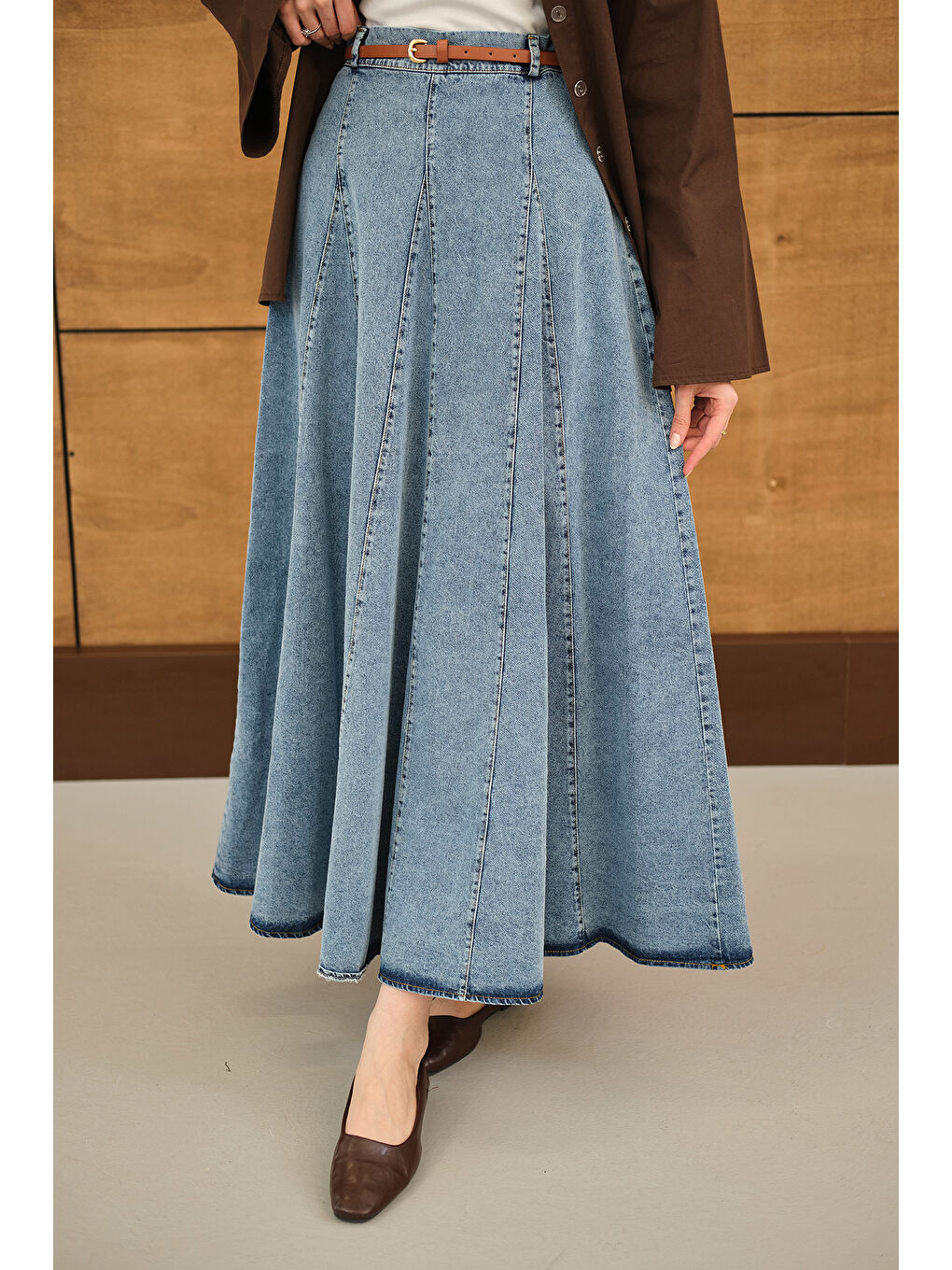 Kadın Dikiş Detay Yandan Fermuarlı Jean Etek Buz Mavi-3