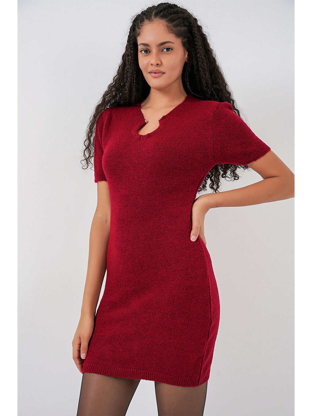 Kadın Kolye Detaylı Triko Elbise 15989 - Bordo-3