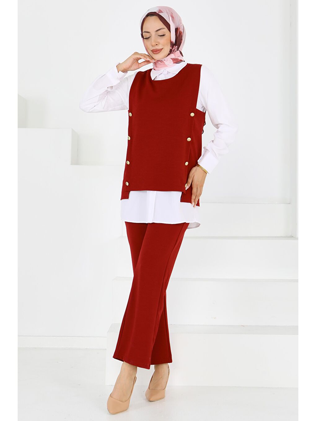 Düğmeli Süveter Pantolon Mira Takım Bordo - 27613