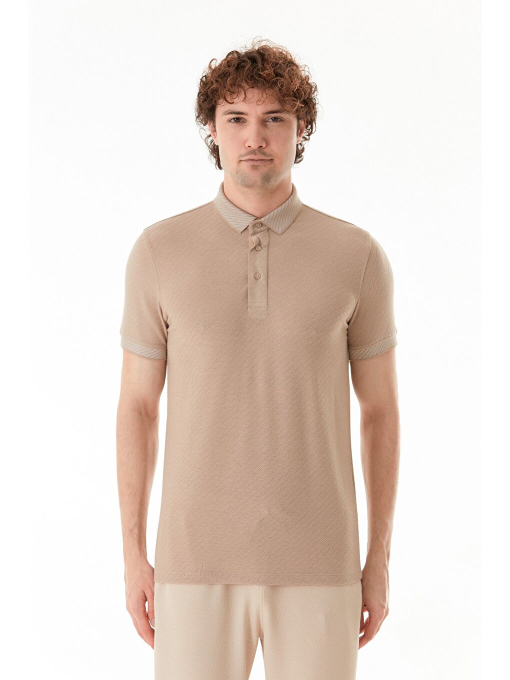 Bej Desenli Slim Fit Polo Yaka Tişört-4