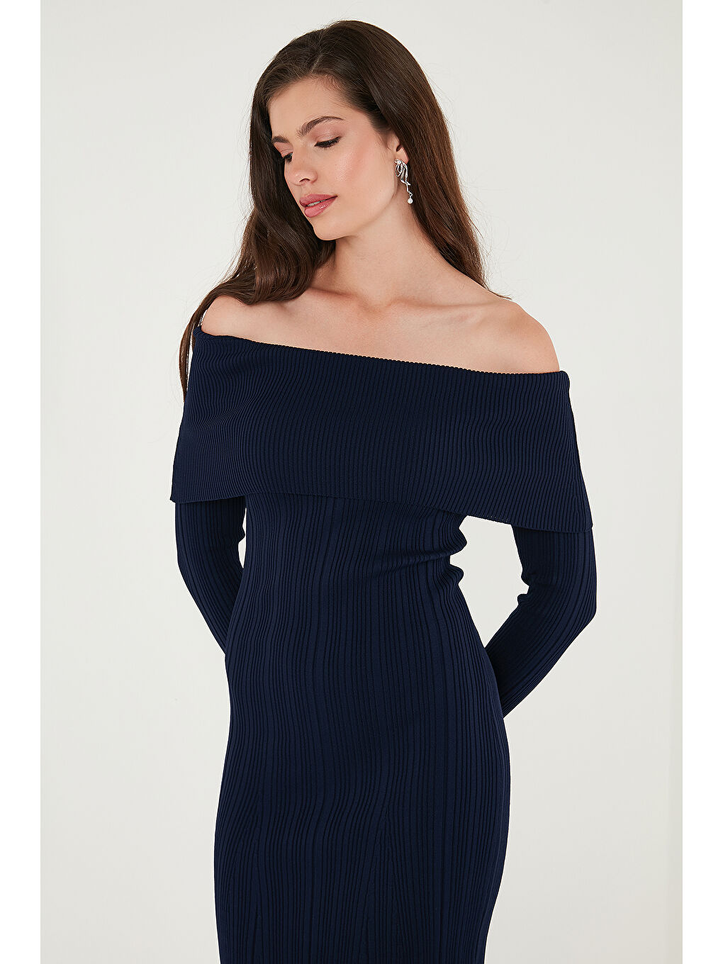 Lacivert Premium Fitilli Carmen Yaka Slim Fit Midi Boy Triko Elbise 680EL00033-4