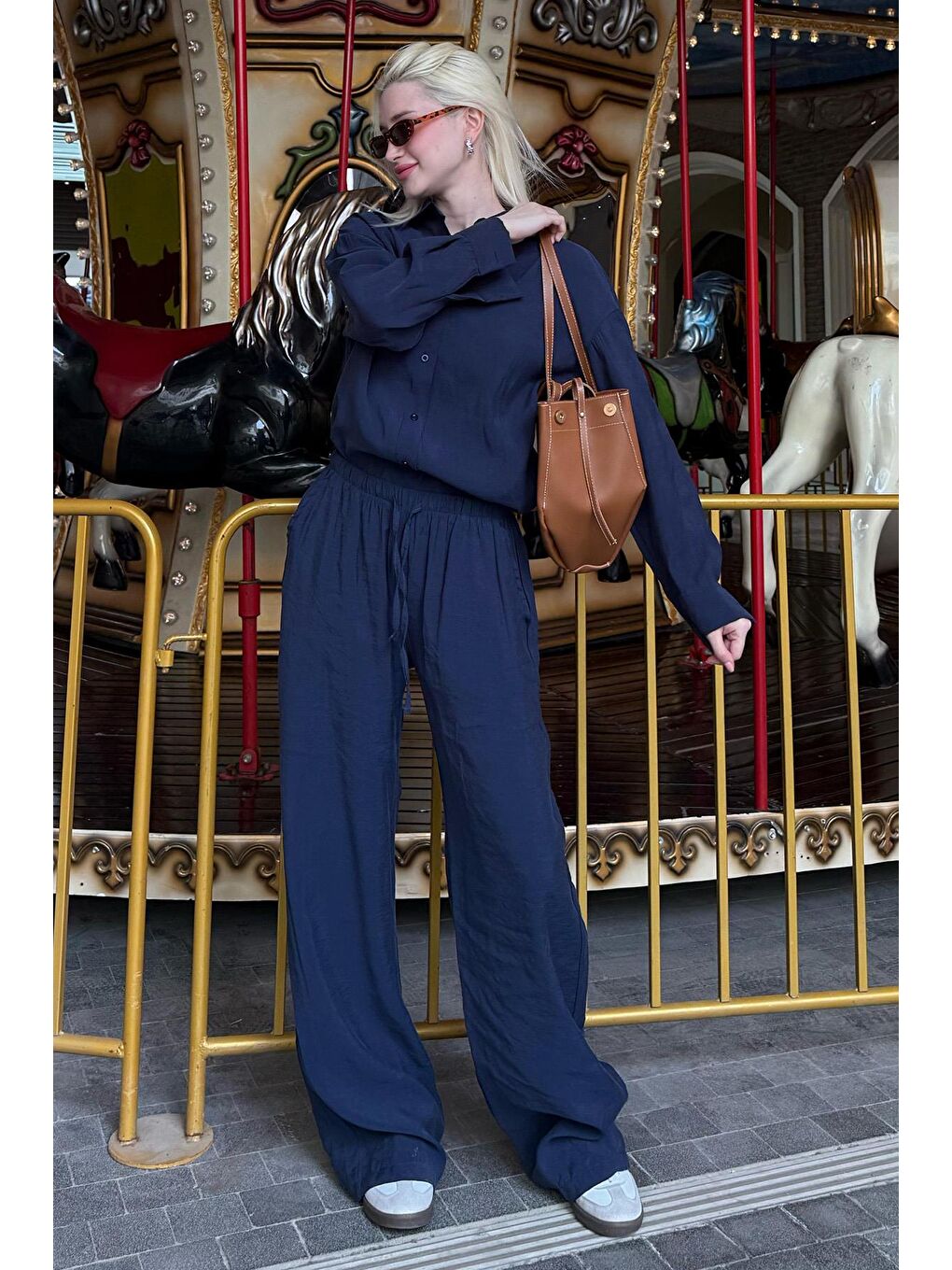 Lacivert Basic Kadın Gömlek Pantolon İkili Takım Mg2352-1