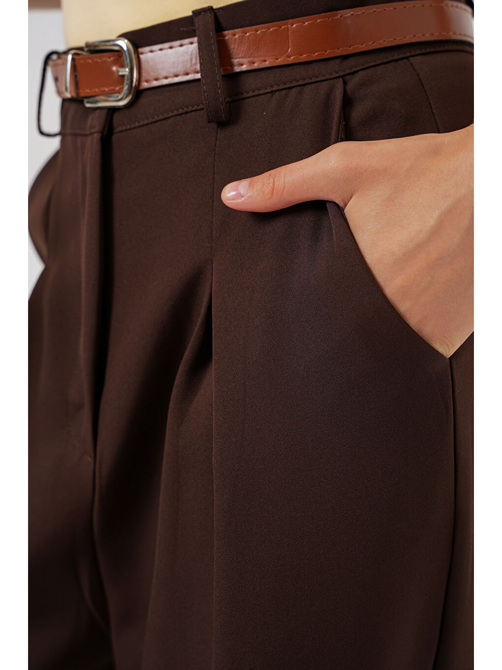 Kadın Yüksek Bel Palazzo Pantolon 30051 - Kahverengi-4