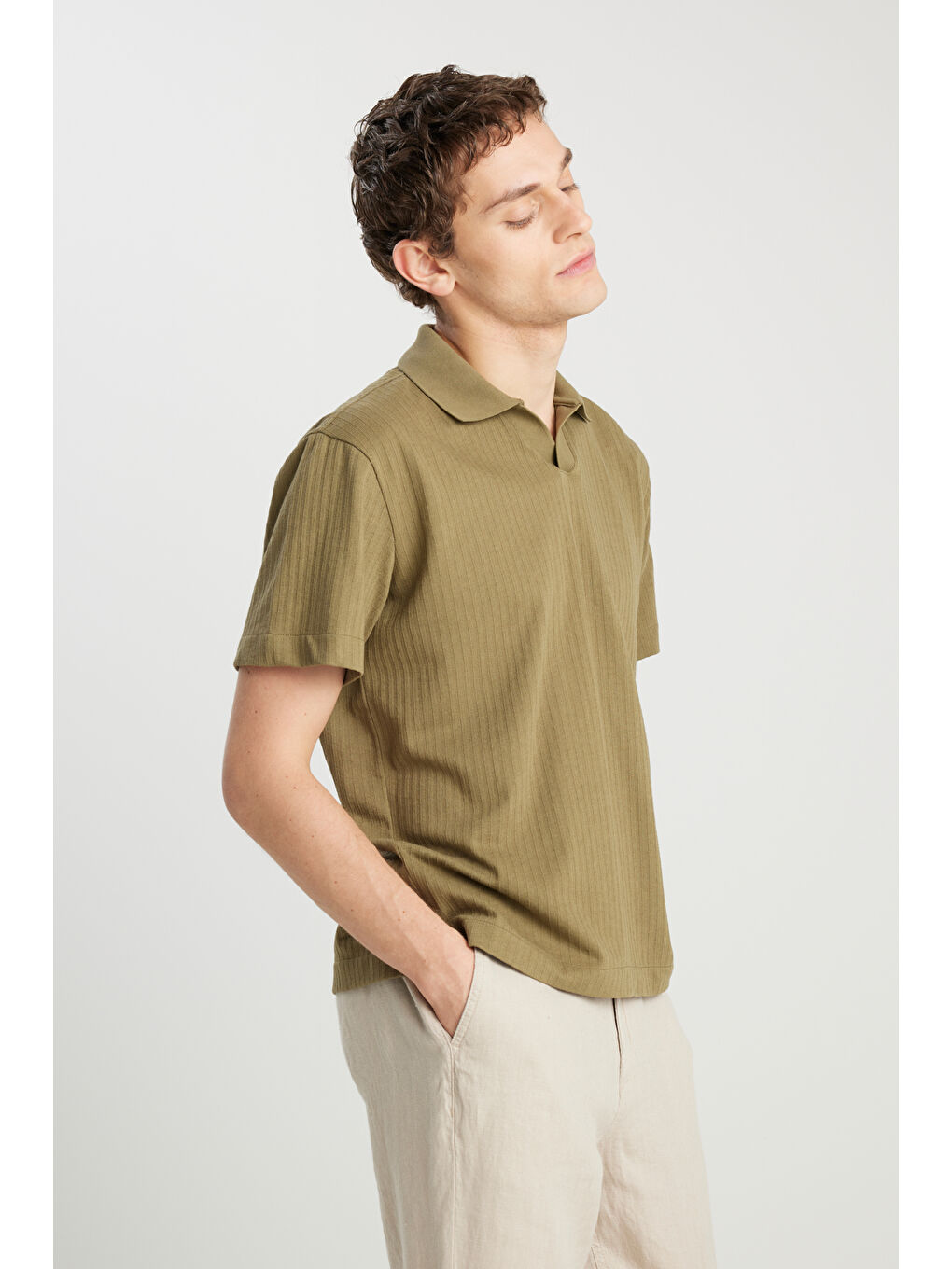 Relaxed Fit Geniş Kesim Haki Polo Tişört