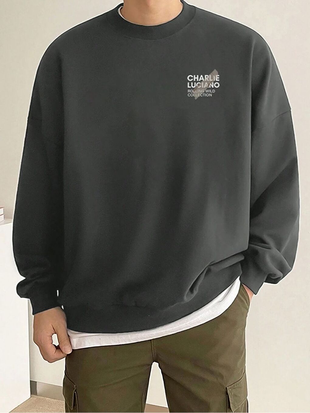 Gri Erkek Füme Luciano Baskılı Oversize Uzun Kollu Sweatshirt