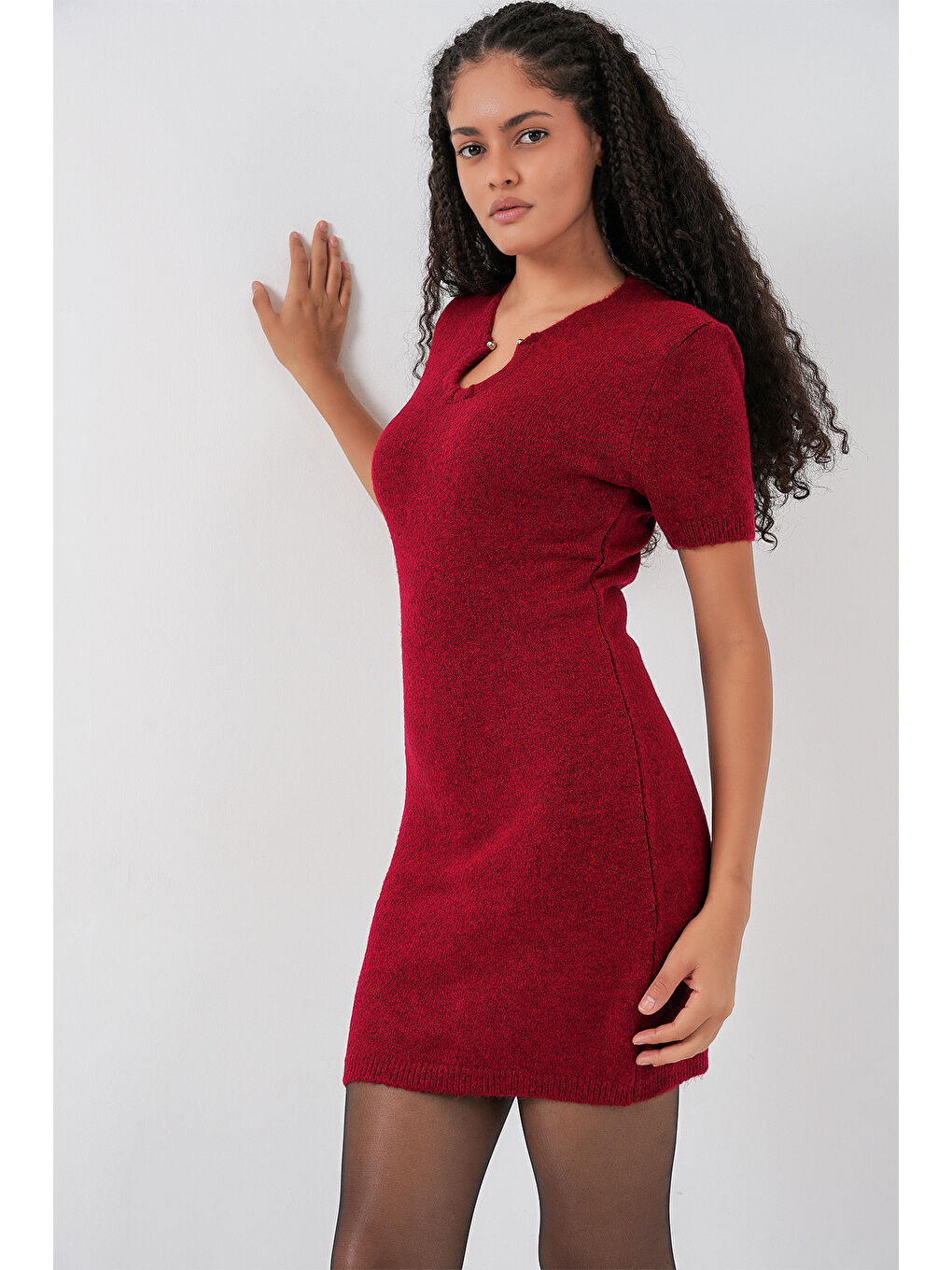 Kadın Kolye Detaylı Triko Elbise 15989 - Bordo-4