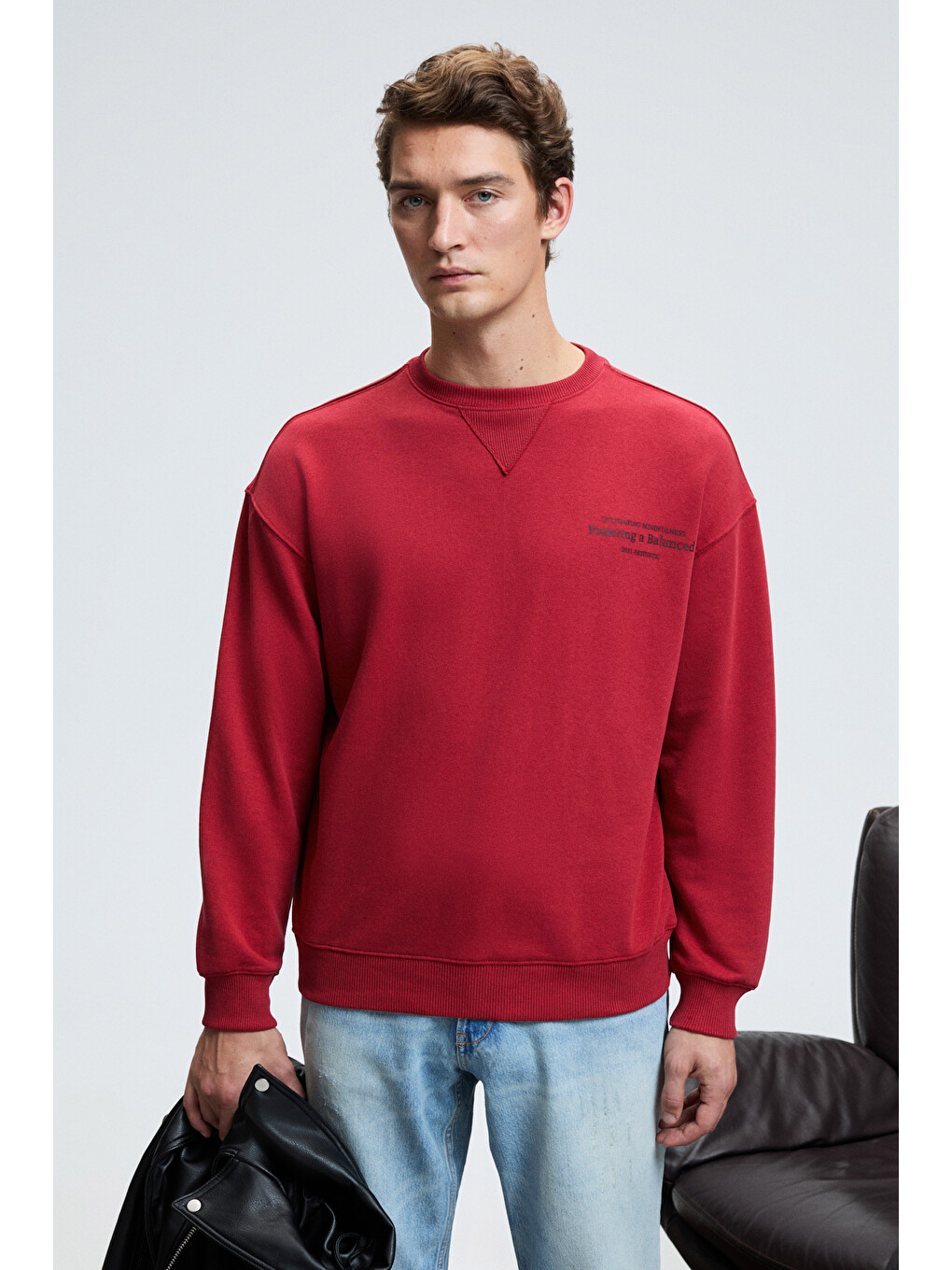 Caspıan Erkek %100 Pamuk Bisiklet Yaka Karyoka Dikişli Baskılı Kırmızı Sweatshirt-1