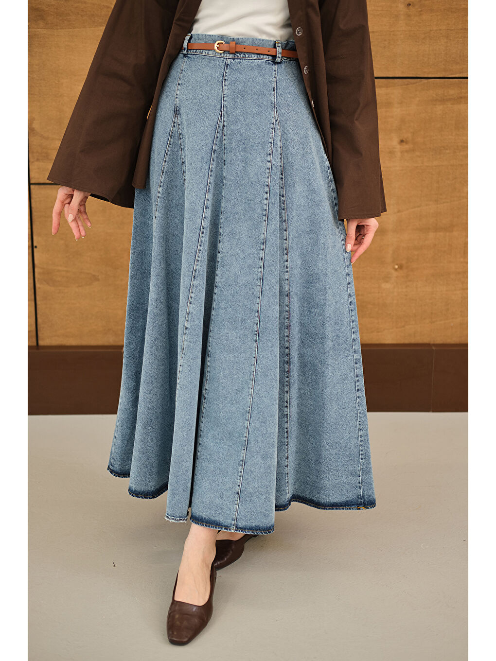 Kadın Dikiş Detay Yandan Fermuarlı Jean Etek Buz Mavi-4