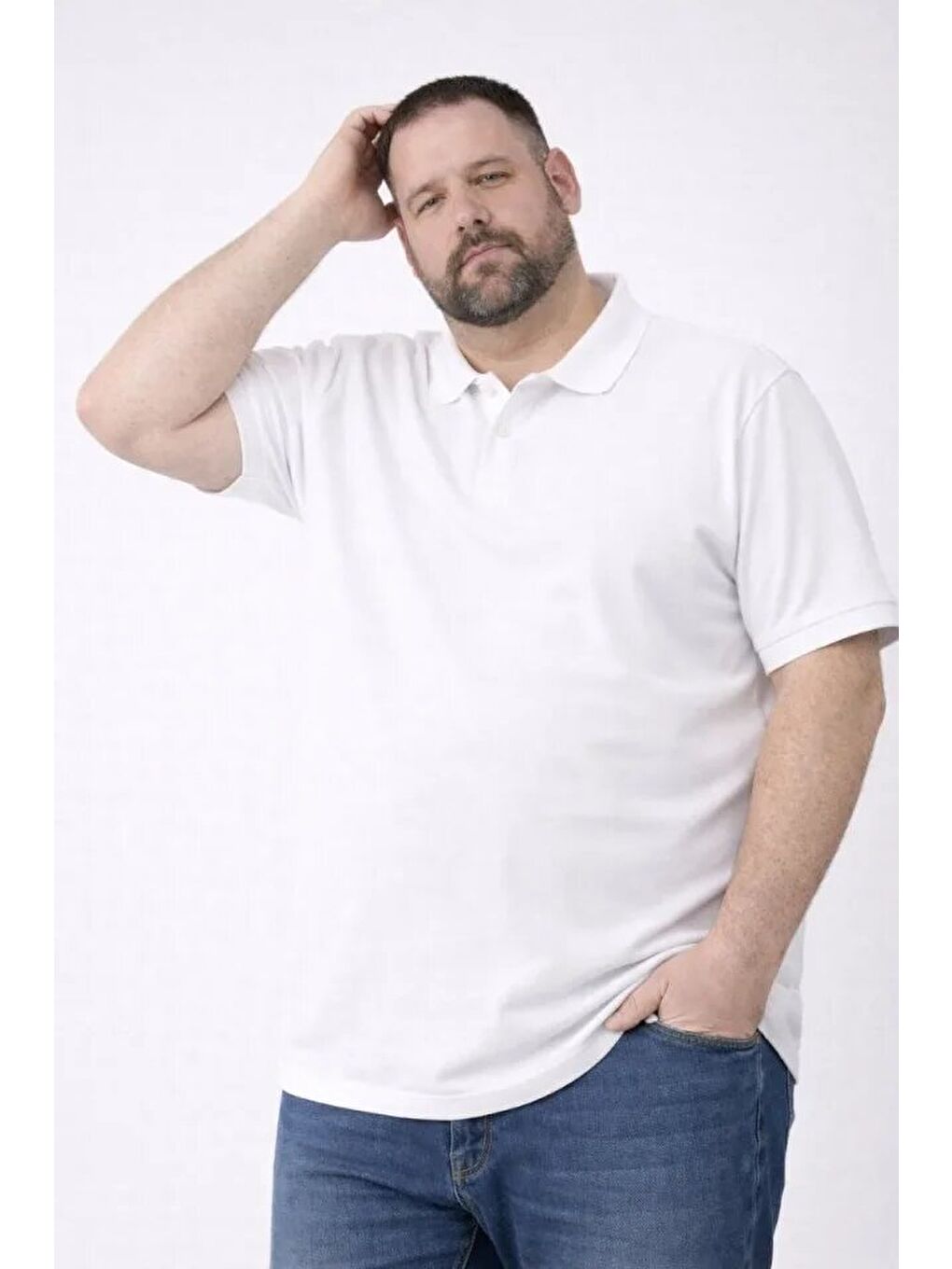 Erkek Pike Kumaş Düğmeli Yaka Battal Büyük Beden Günlük Kısa Kol Tişört T-shirt - Beyaz-1