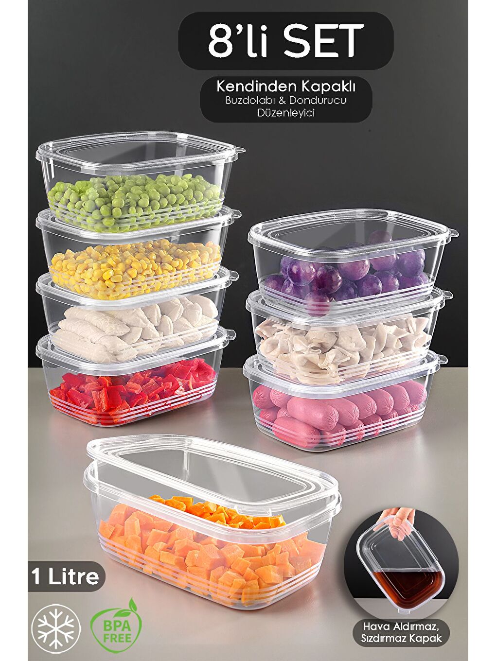 Renksiz 8 Adet Sızdırmaz Kendinden Kapaklı Derin Dondurucuya Uygun Saklama Kabı Hava Almaz Düzenleyici 1lt