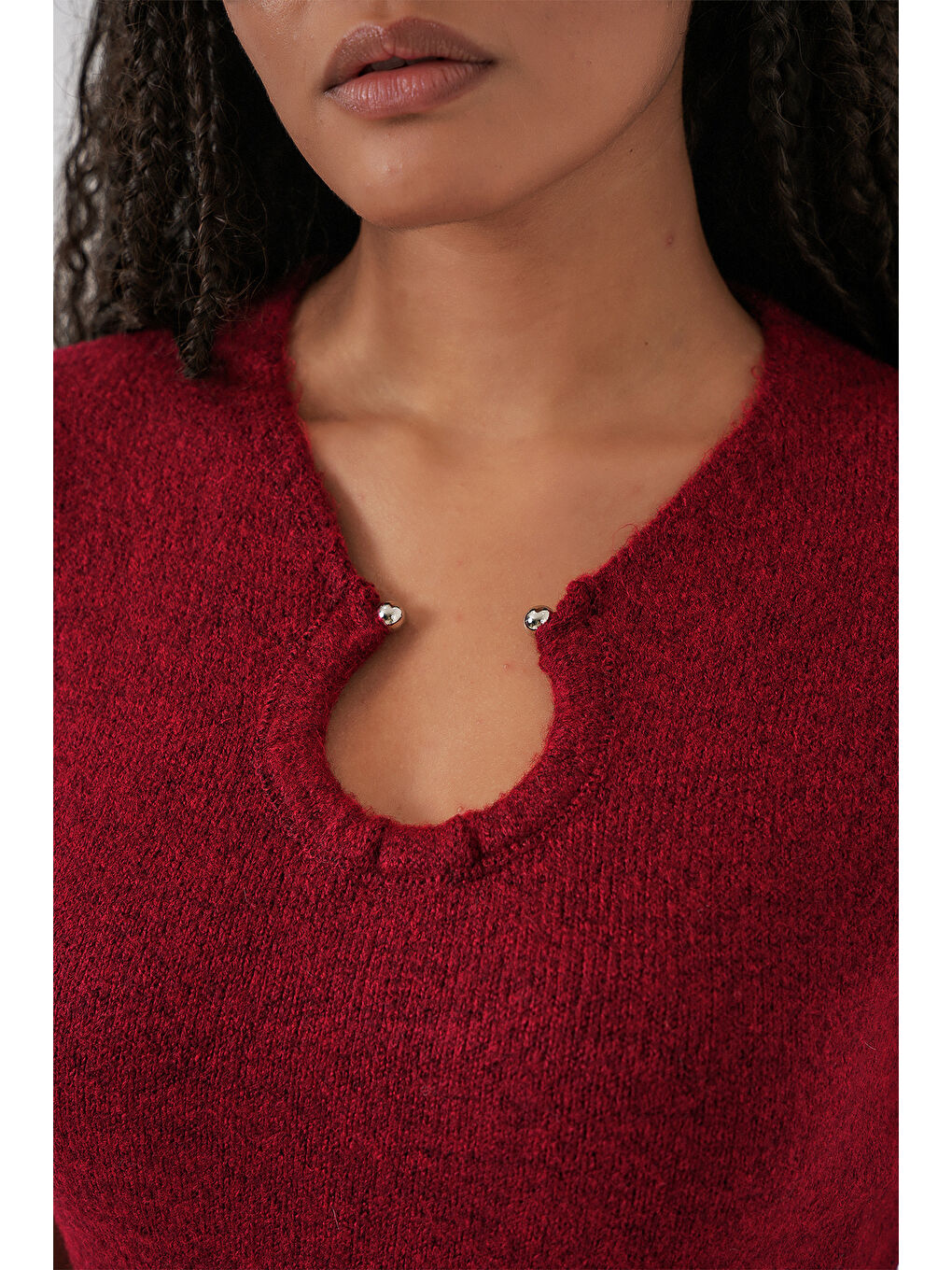 Kadın Kolye Detaylı Triko Elbise 15989 - Bordo-5