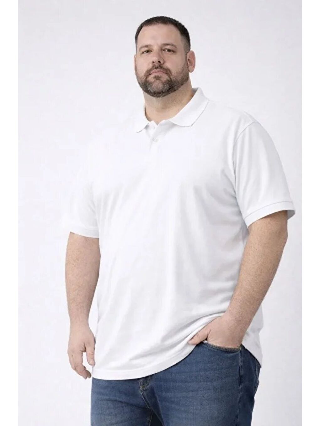 Erkek Pike Kumaş Düğmeli Yaka Battal Büyük Beden Günlük Kısa Kol Tişört T-shirt - Beyaz-2