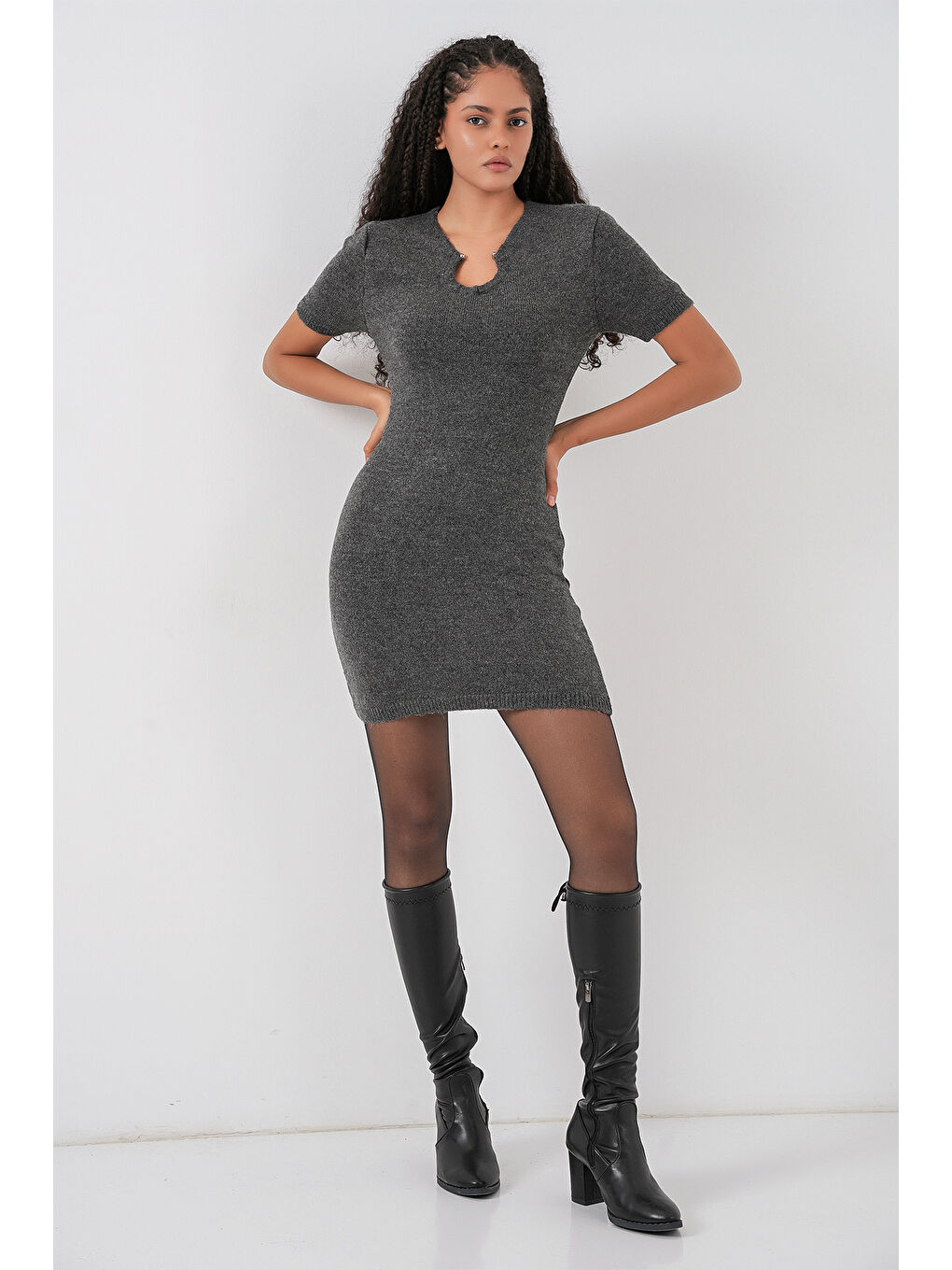 Kadın Kolye Detaylı Triko Elbise 15989 - Antrasit-1
