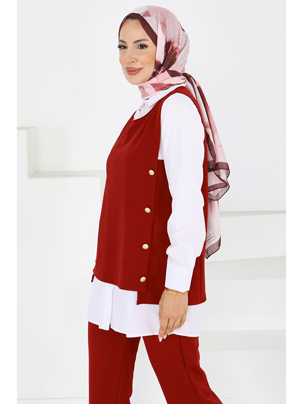 Düğmeli Süveter Pantolon Mira Takım Bordo - 27613-1
