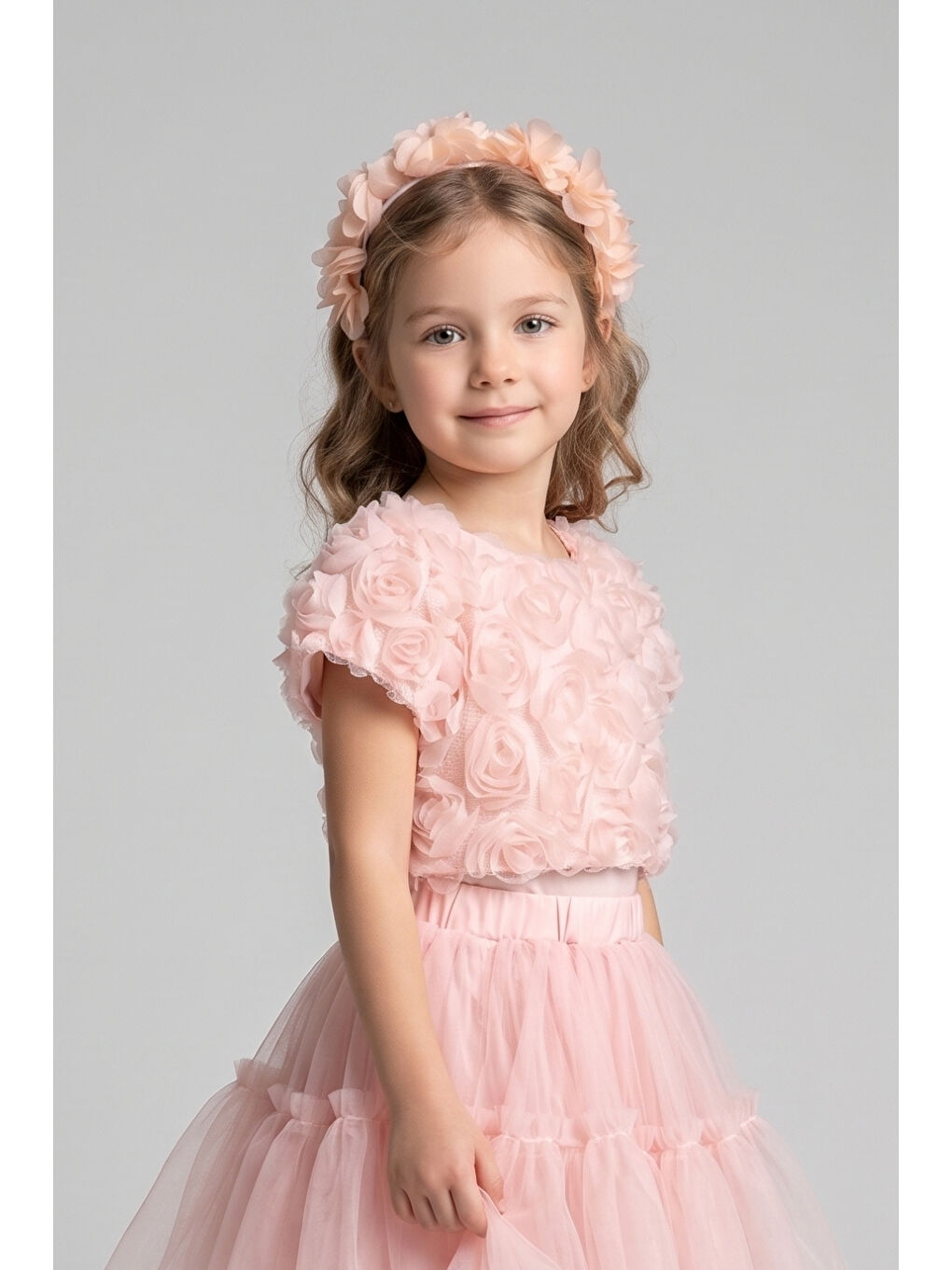 Pembe Somon Gül Aplike Detaylı Kız Çocuk Crop Bluz - Millie-1