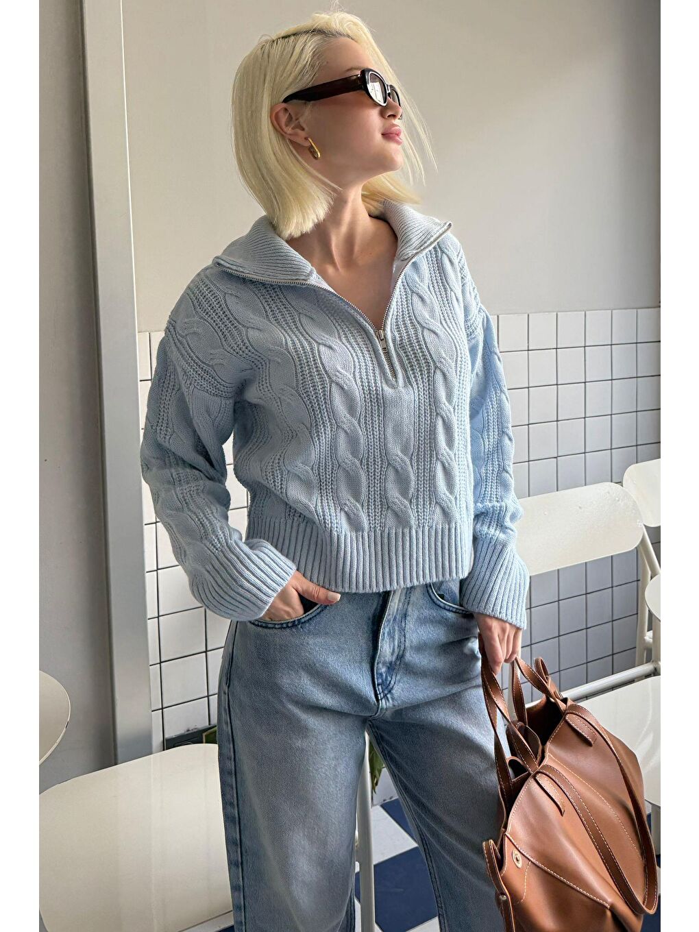 Bebe Mavisi Örgü Desenli Kadın Triko Kazak Mg2546-5