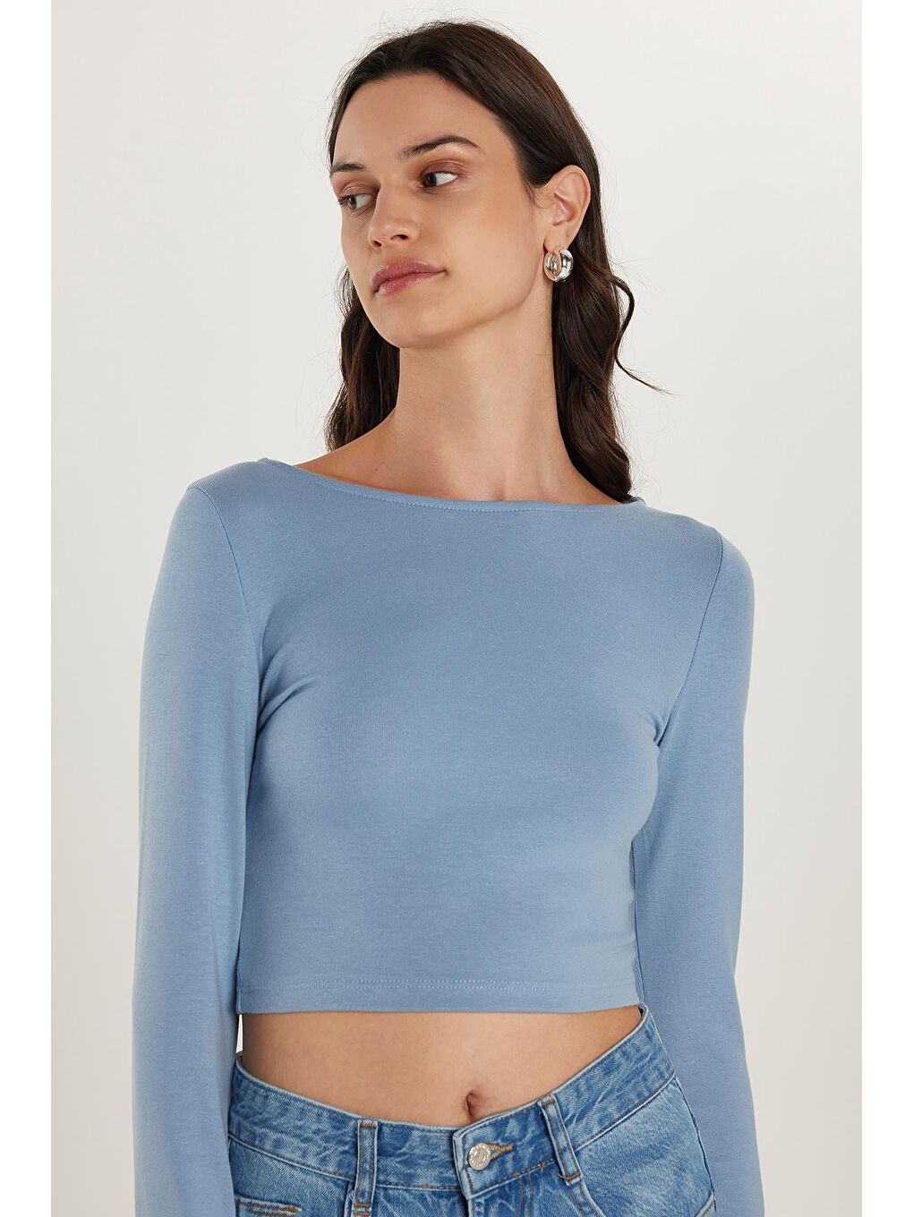 Kadın Slim Fit Dar Kesim Modal Kumaş Uzun Kollu Bisiklet Yaka Açık Mavi Bluz