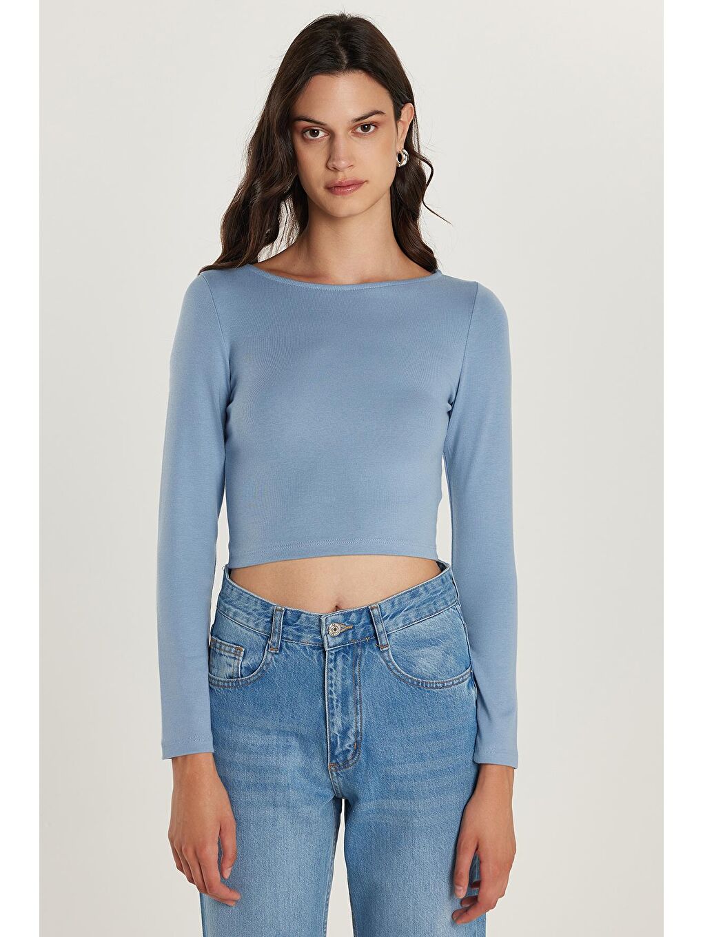 Kadın Slim Fit Dar Kesim Modal Kumaş Uzun Kollu Bisiklet Yaka Açık Mavi Bluz-1