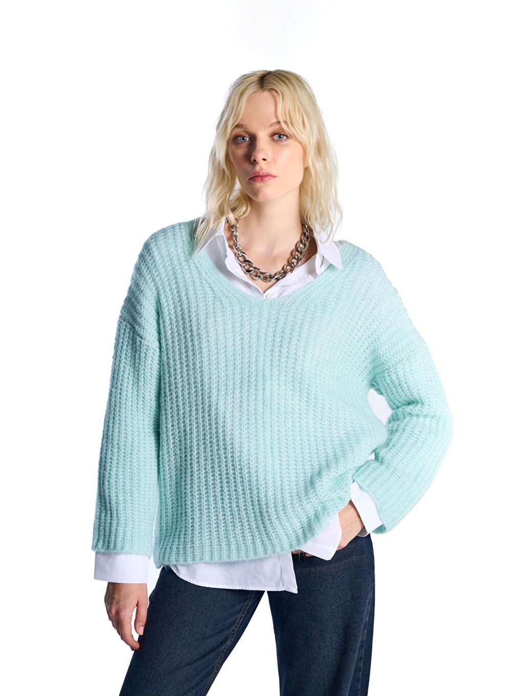 Yeşil Mint V Yaka Triko Kazak-1