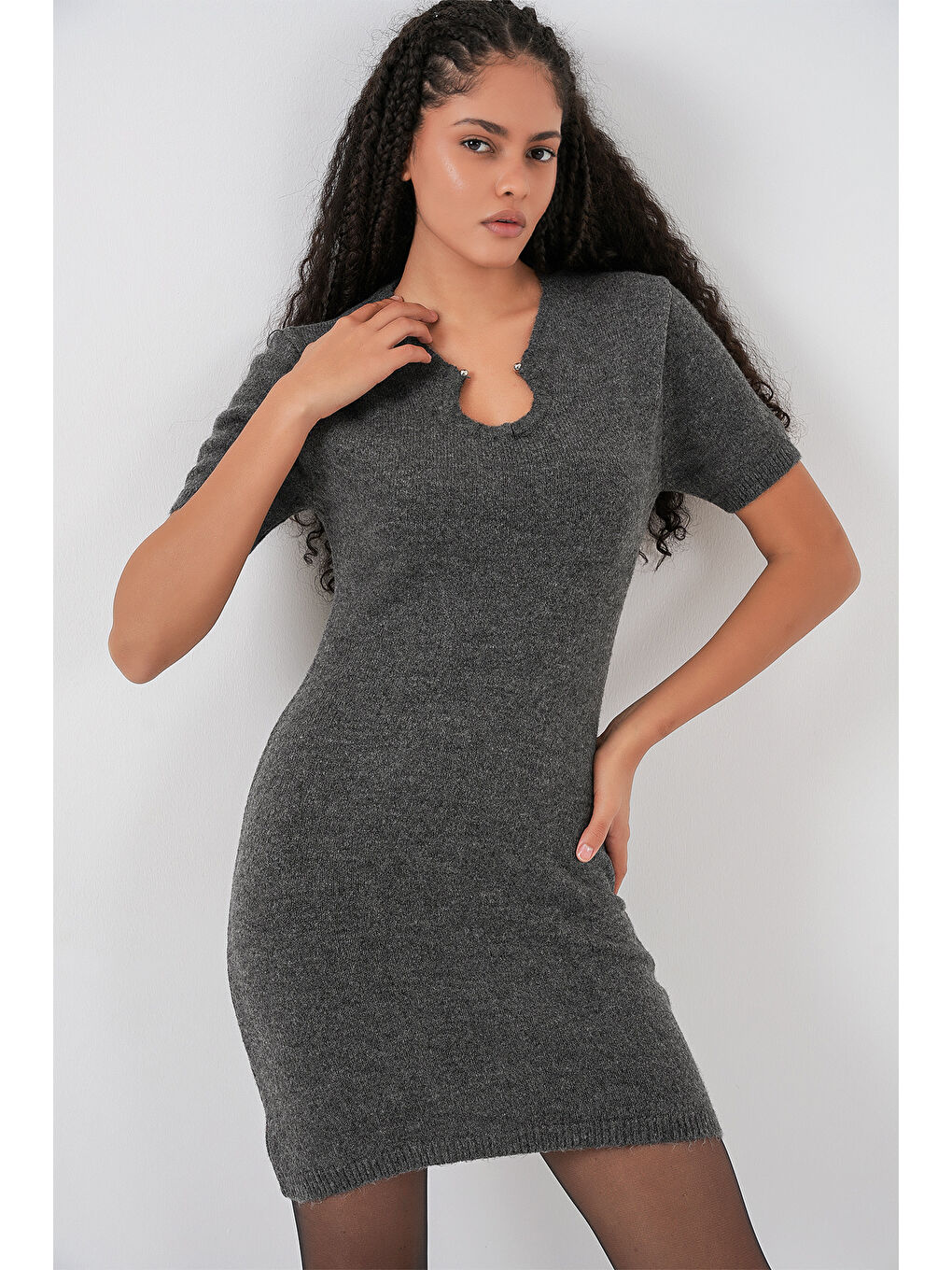 Kadın Kolye Detaylı Triko Elbise 15989 - Antrasit-2