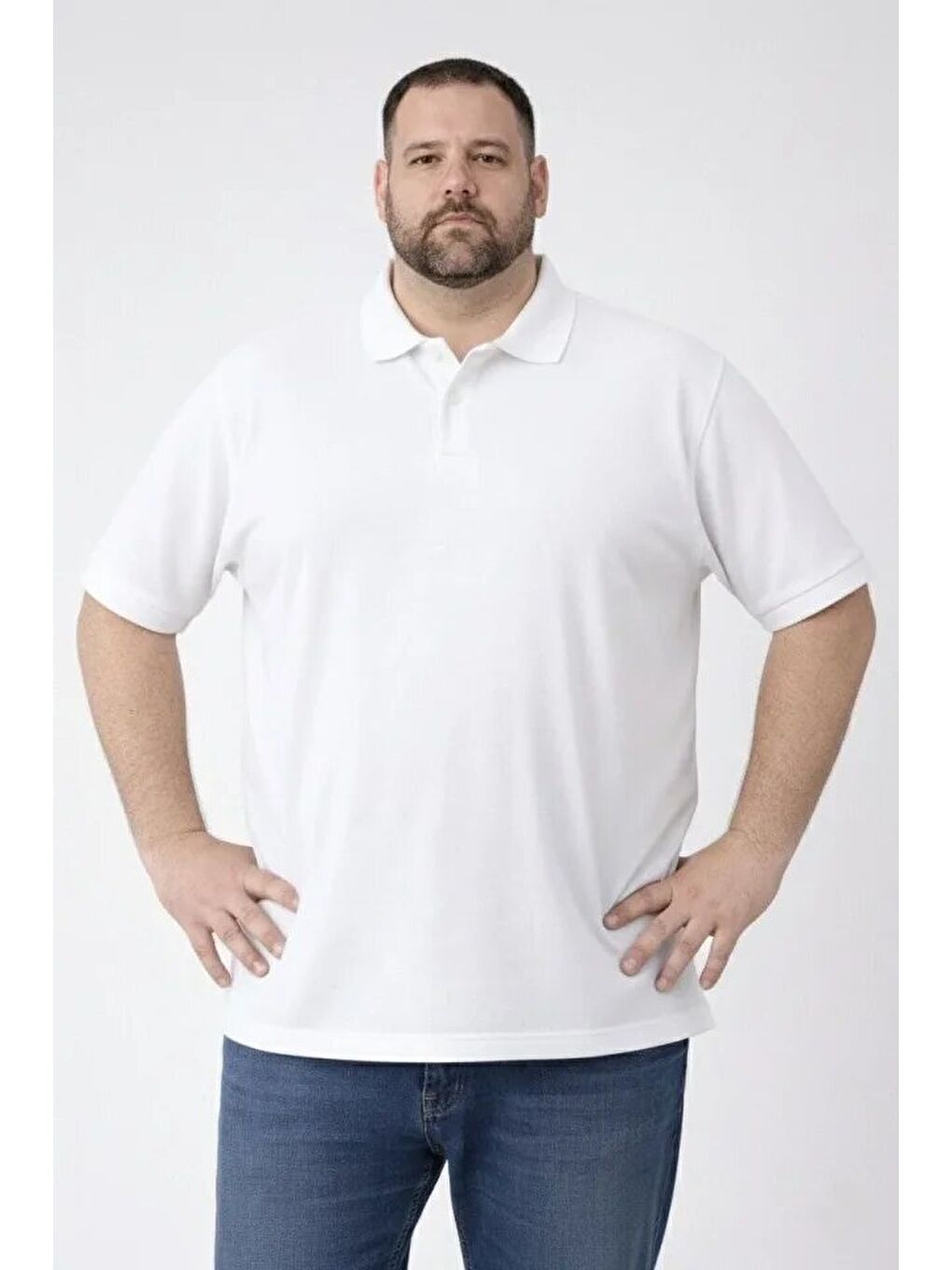 Erkek Pike Kumaş Düğmeli Yaka Battal Büyük Beden Günlük Kısa Kol Tişört T-shirt - Beyaz-3