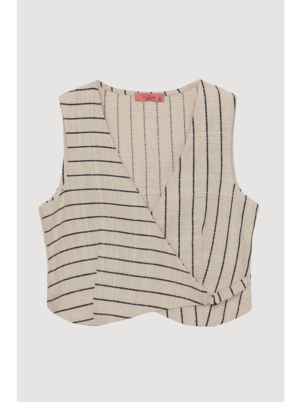 Bej Kruvaze Yaka Çizgili Bluz Naturel