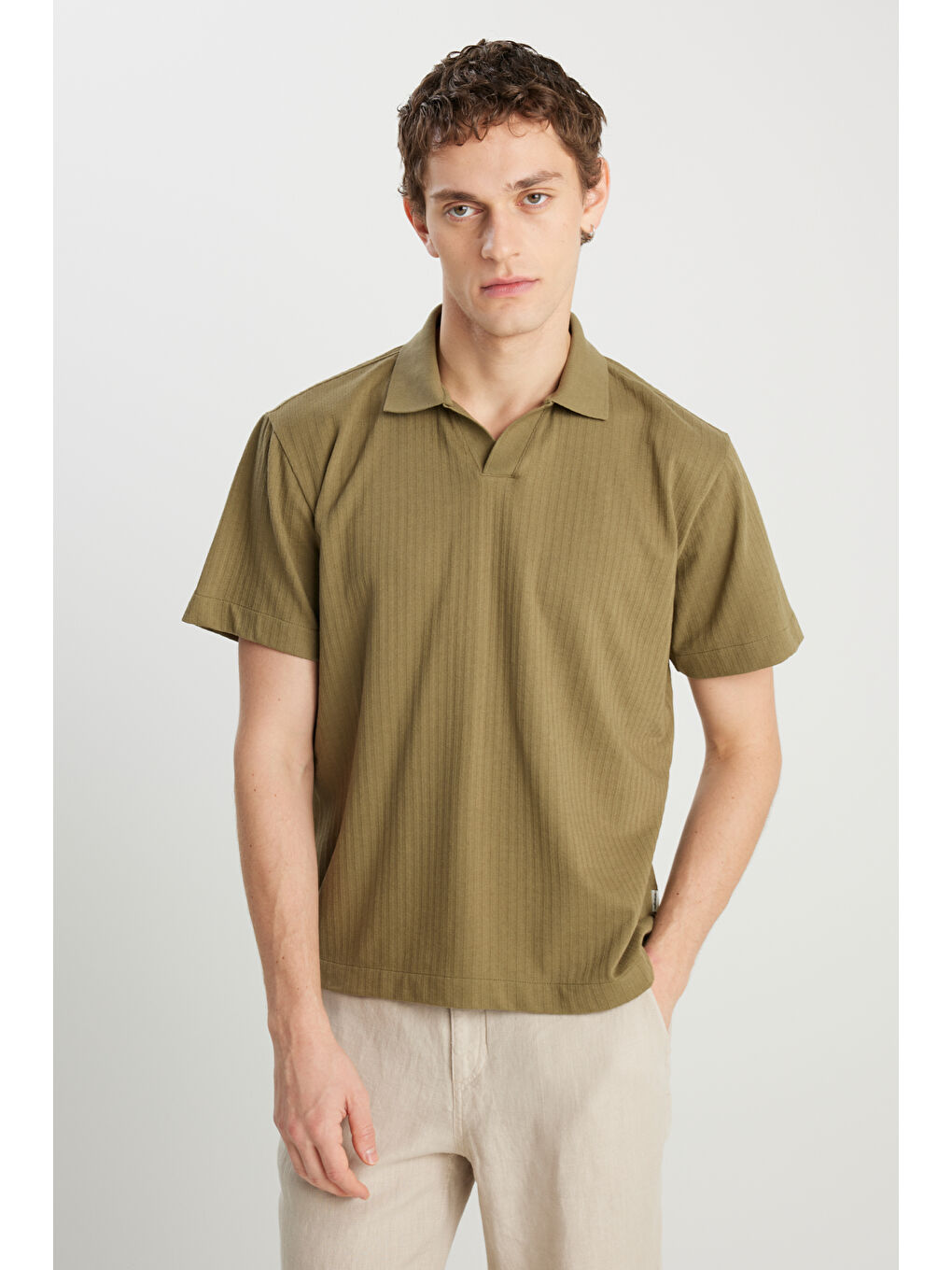 Relaxed Fit Geniş Kesim Haki Polo Tişört-1