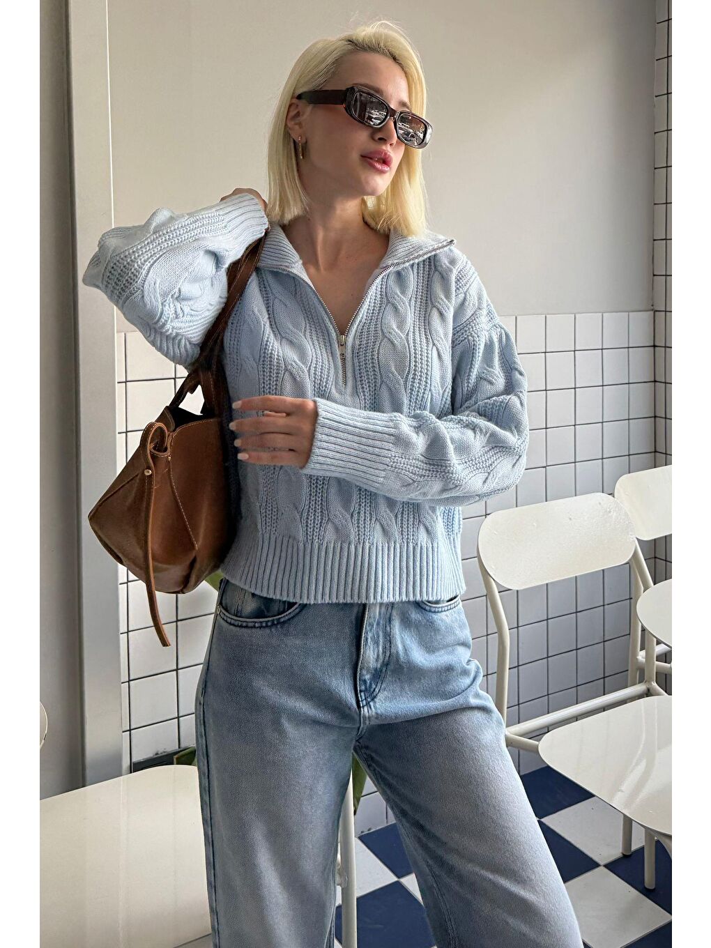 Bebe Mavisi Örgü Desenli Kadın Triko Kazak Mg2546-6