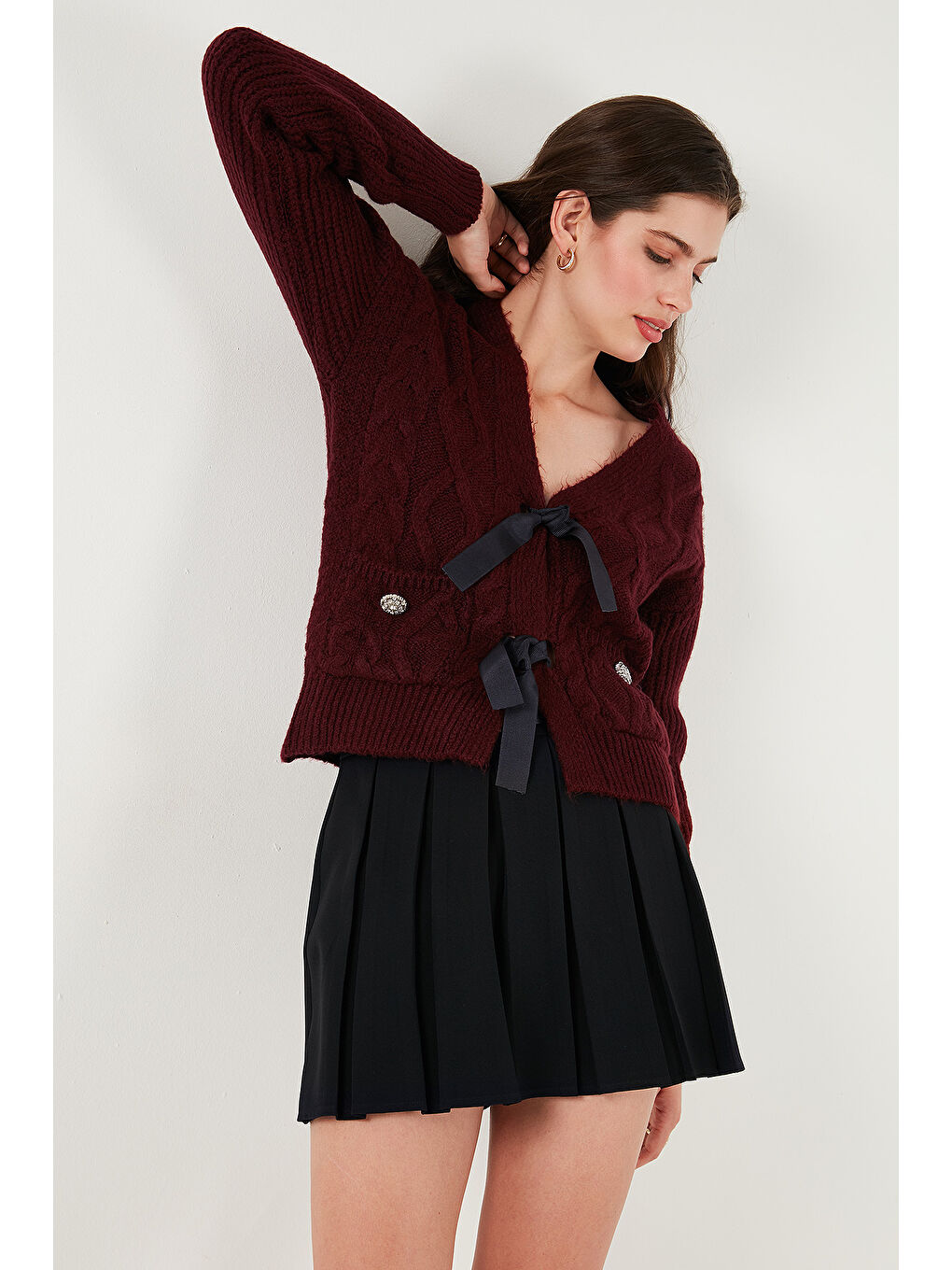 Bordo Premium Regular Fit V Yaka Fiyonk Bağlama Detaylı Örgü Desenli Triko Hırka 680KZ1947-4