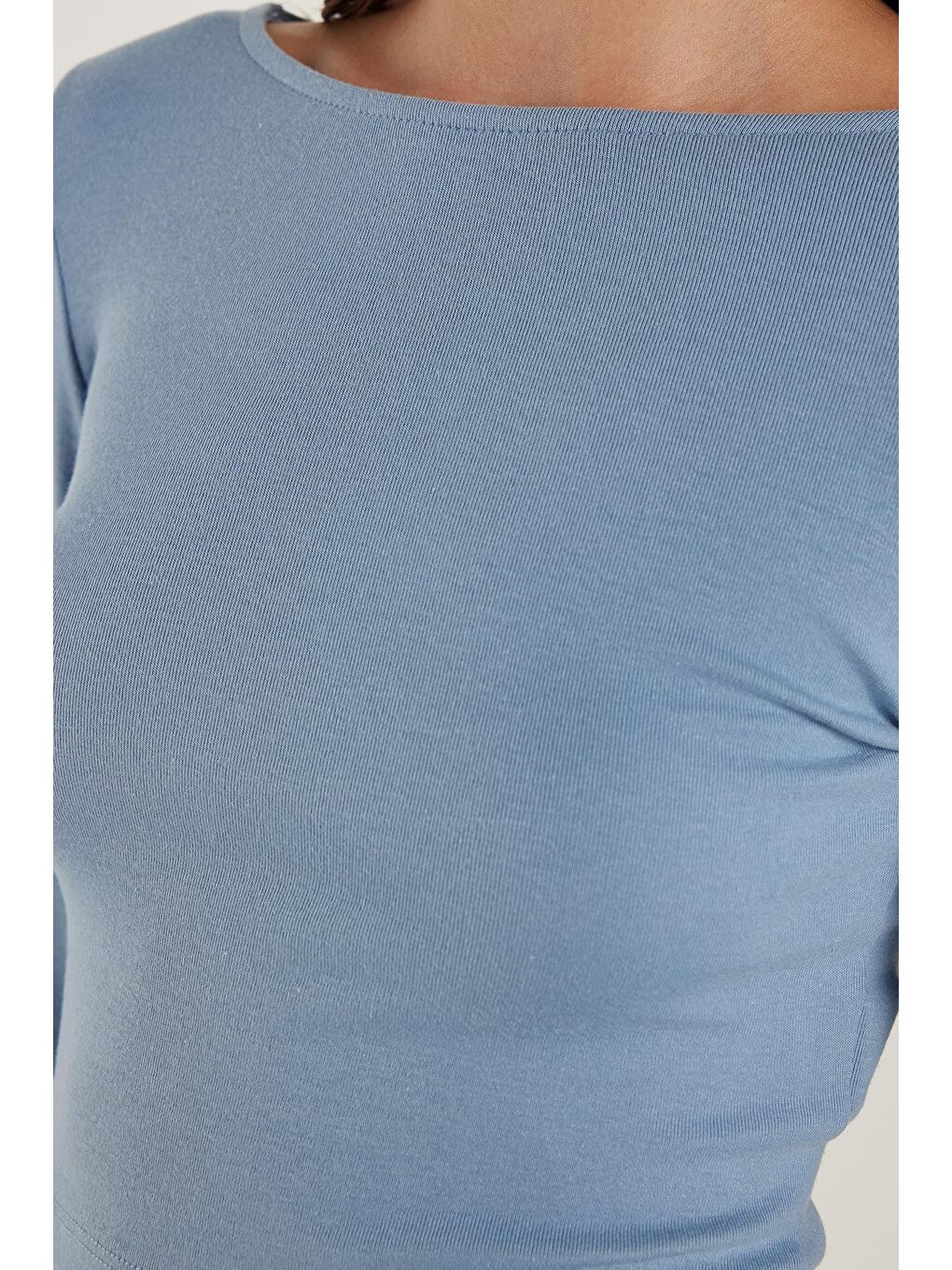 Kadın Slim Fit Dar Kesim Modal Kumaş Uzun Kollu Bisiklet Yaka Açık Mavi Bluz-2