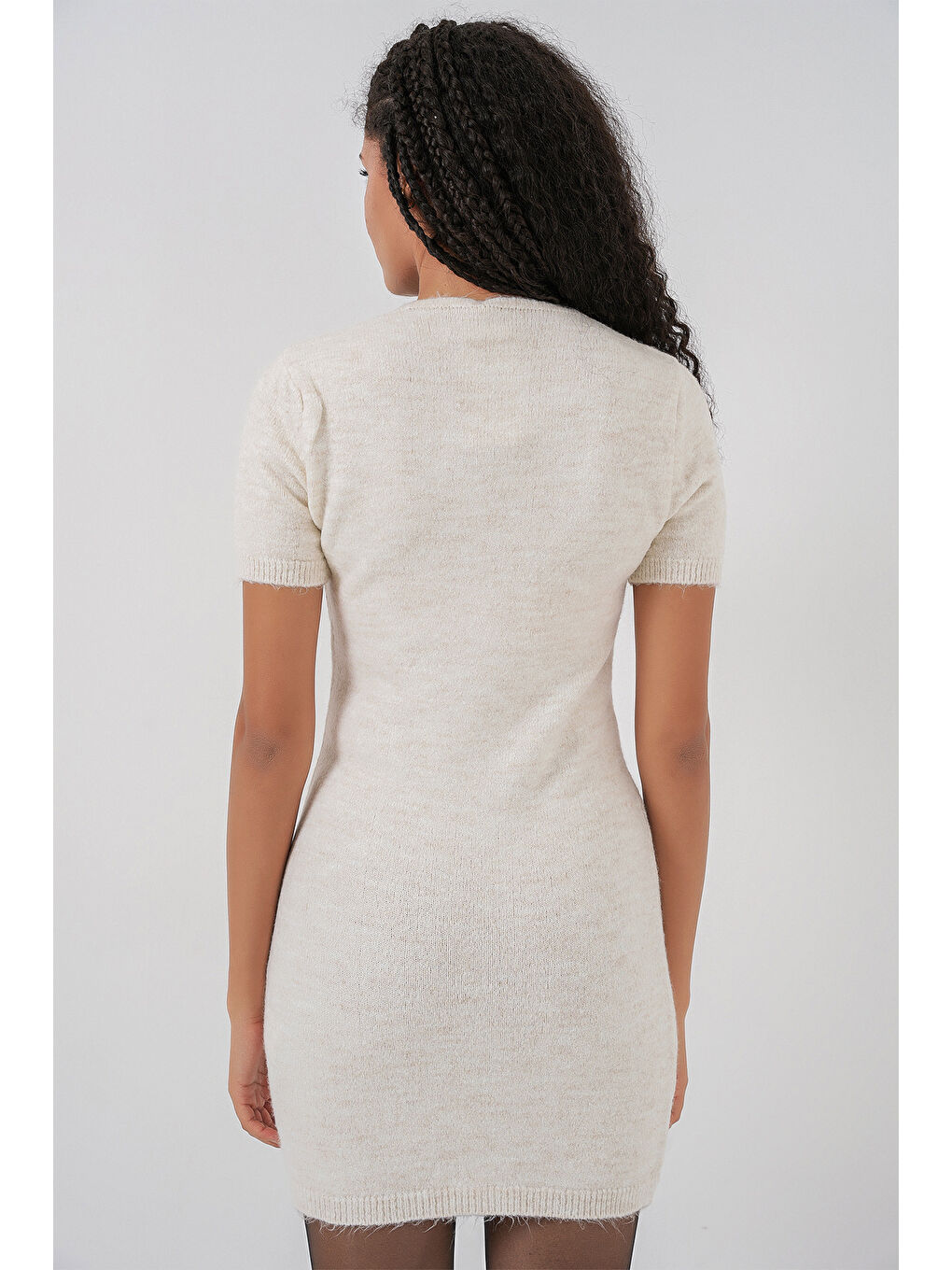 Kadın Kolye Detaylı Triko Elbise 15989 - Ekru-5