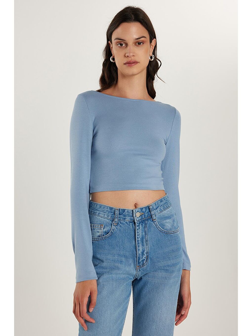 Kadın Slim Fit Dar Kesim Modal Kumaş Uzun Kollu Bisiklet Yaka Açık Mavi Bluz-3