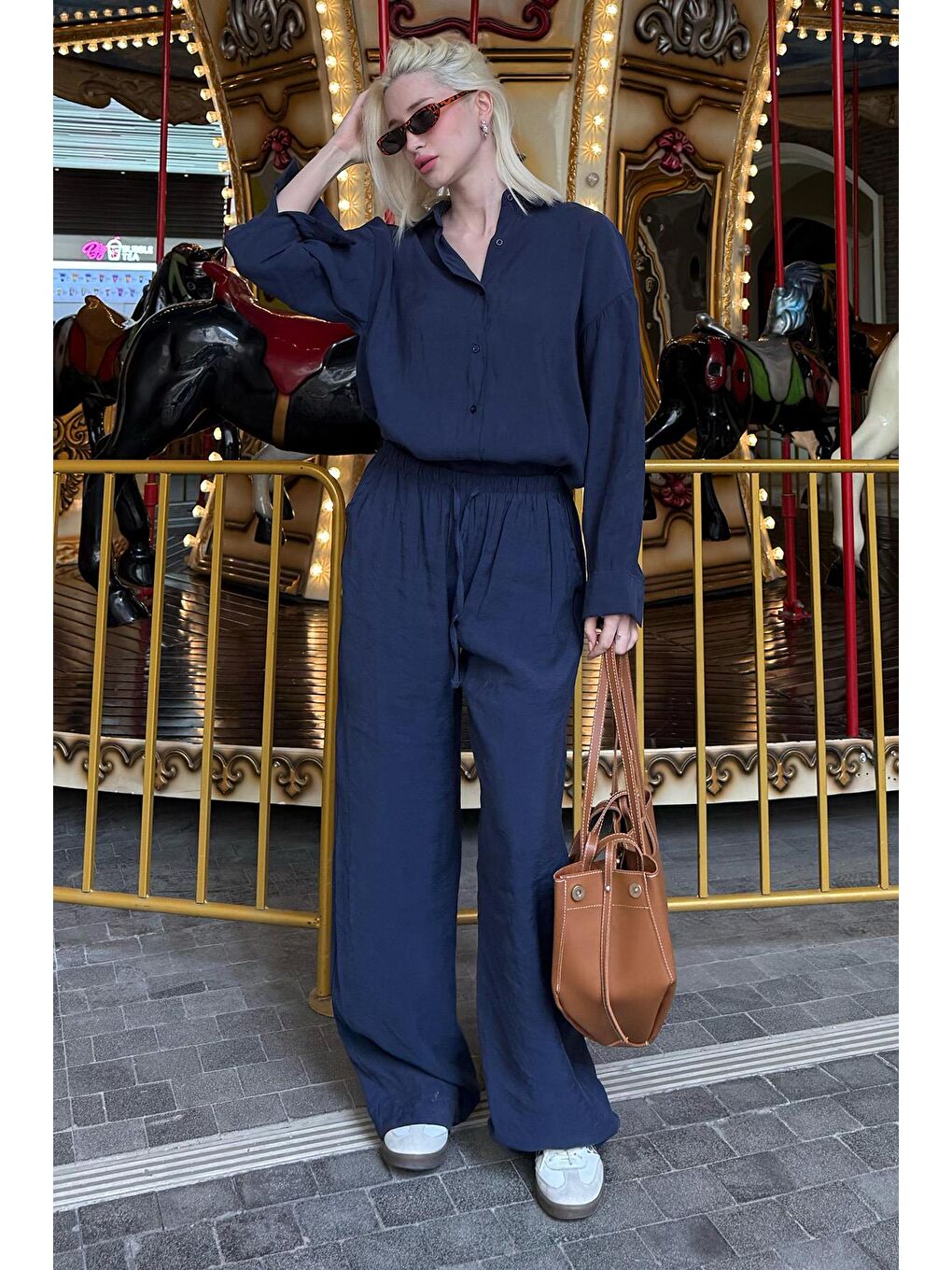 Lacivert Basic Kadın Gömlek Pantolon İkili Takım Mg2352-5