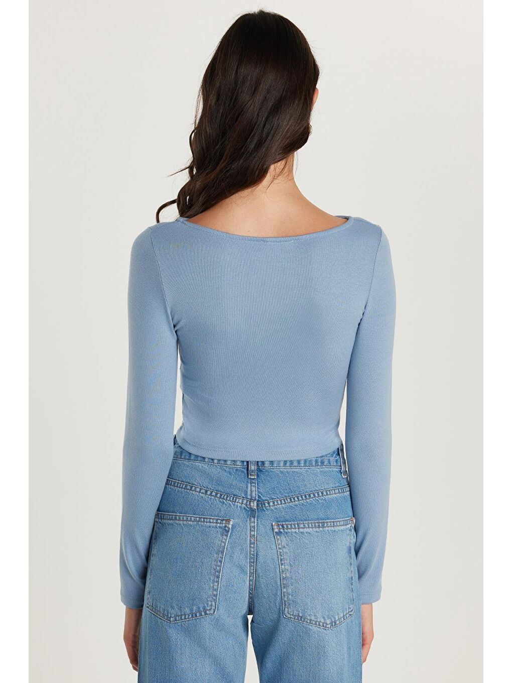 Kadın Slim Fit Dar Kesim Modal Kumaş Uzun Kollu Bisiklet Yaka Açık Mavi Bluz-4