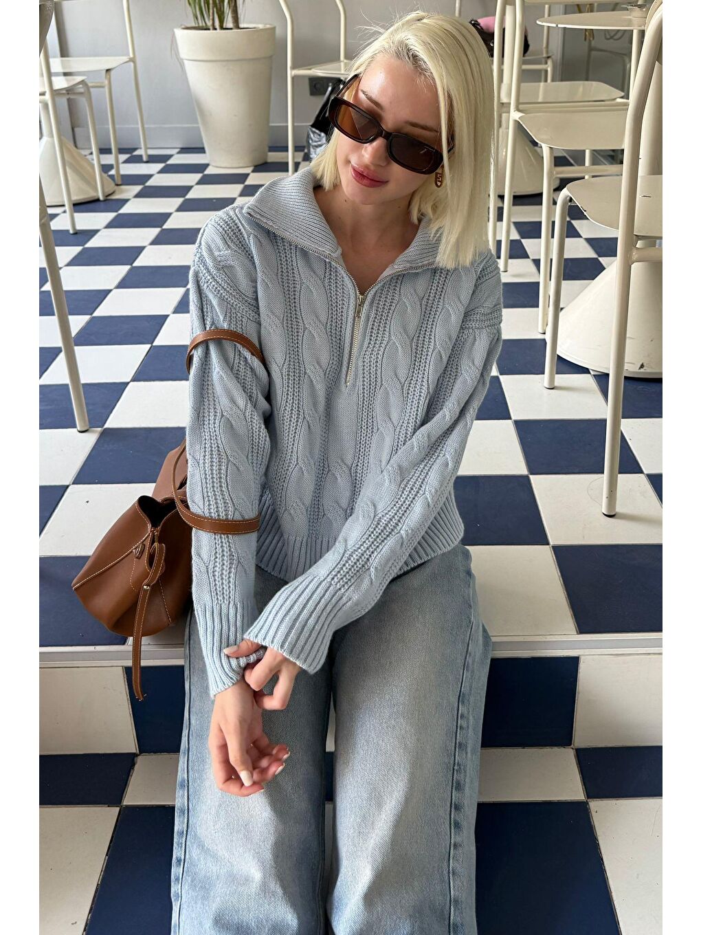 Bebe Mavisi Örgü Desenli Kadın Triko Kazak Mg2546-7