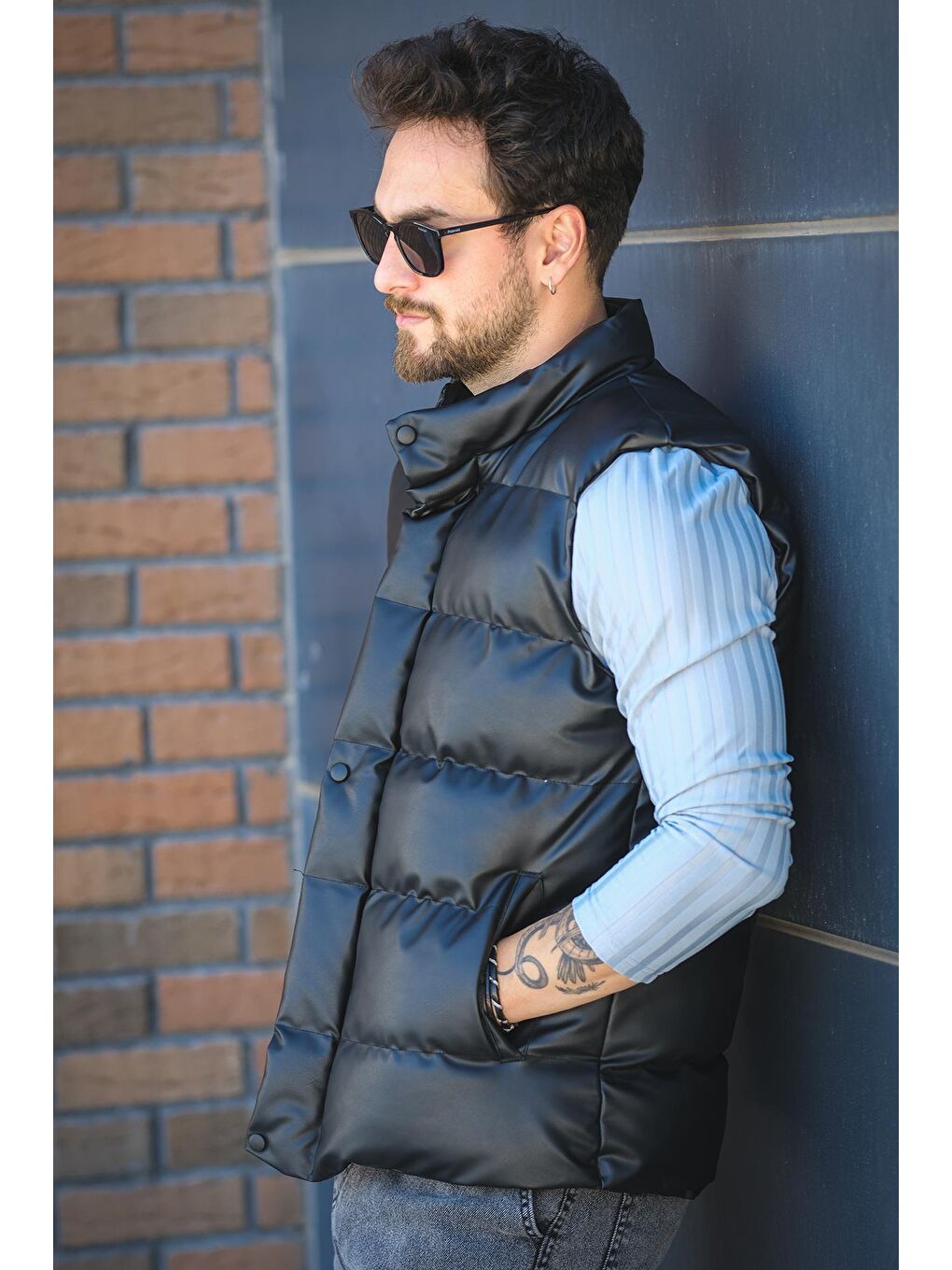 Siyah Oxfo Suya Dayanıklı Cepli Dik Yaka Erkek Şişme Deri Yelek-2